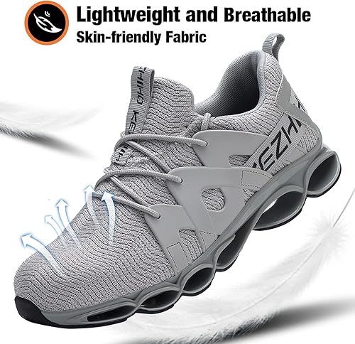 Miniatura 5 de Kezhiho Tenis de trabajo con punta de acero para hombre y mujer, amarillos, ligeros, transpirables, antideslizantes, construcción indestructible,