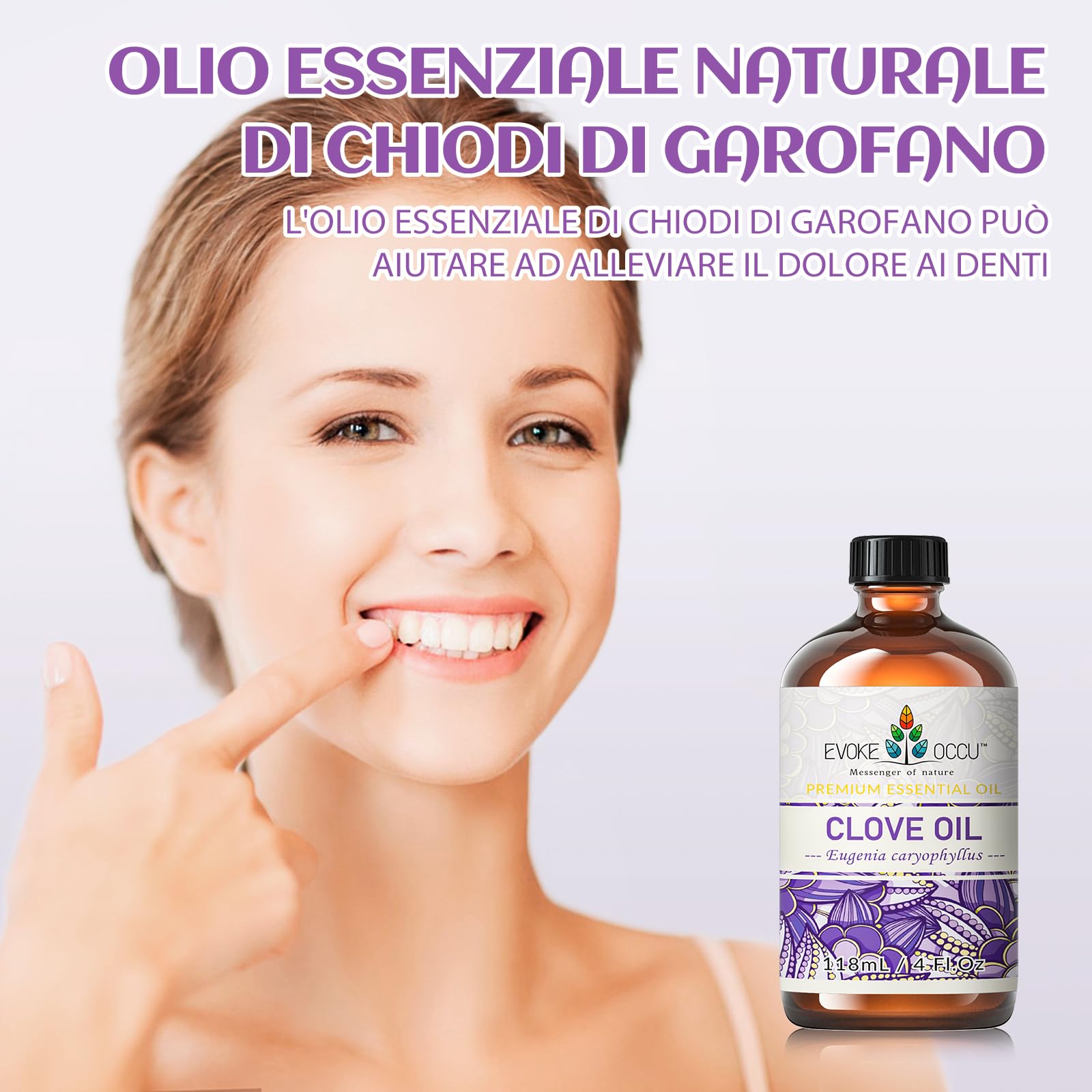 EVOKE OCCU Olio Essenziale Chiodi di Garofano 118ml, per Denti, Gengive, Mal di Denti, Cura dei Capelli, Aromaterapia, Diffusore, Pelle