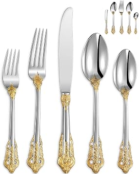 KEAWELL Luxury 65-Piece 18/10 Stainless Steel Flatware Set | 18/10 Stainless Steel Fine Silverware Set; Service for 12; Brilliant Mirror Finish; Gold Accent; Dishwasher Safe