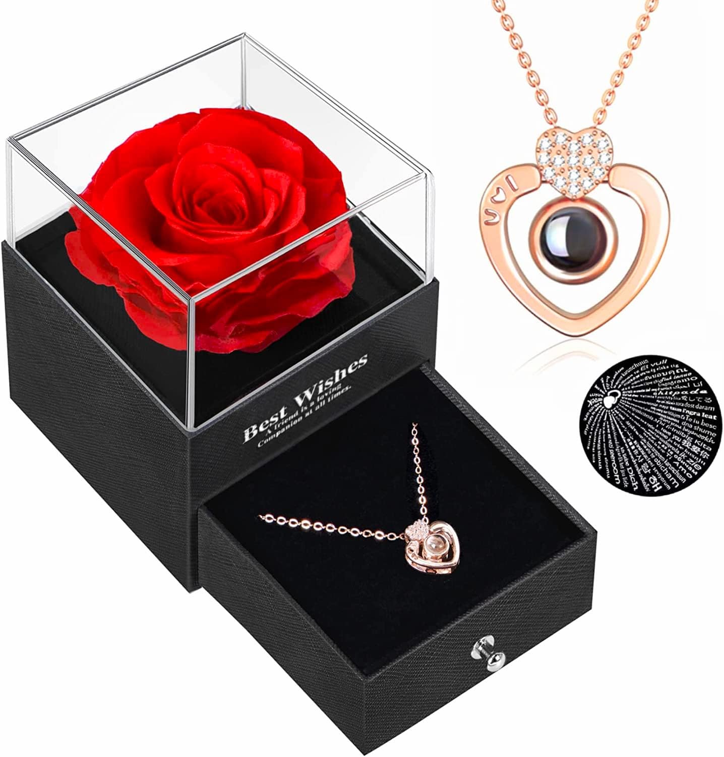 Attmu Preserved Real Rose with I Love You Heart Necklace in 100 Languages, Romantic Preserved Rose Gift - Birthday Anniversary Mothers Day Valentines Day Gift for Her Mom Wife Girlfriend Women (Red)