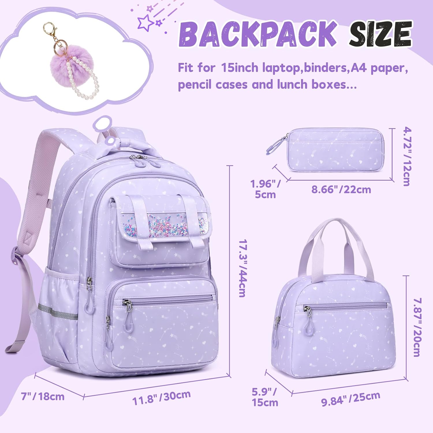 Backpack for Girls,3Pcs Elementary Kids School Bag,Middle Students Teen Girls Backpack,Kawaii Book bag ages 6-12 Starfall Purple