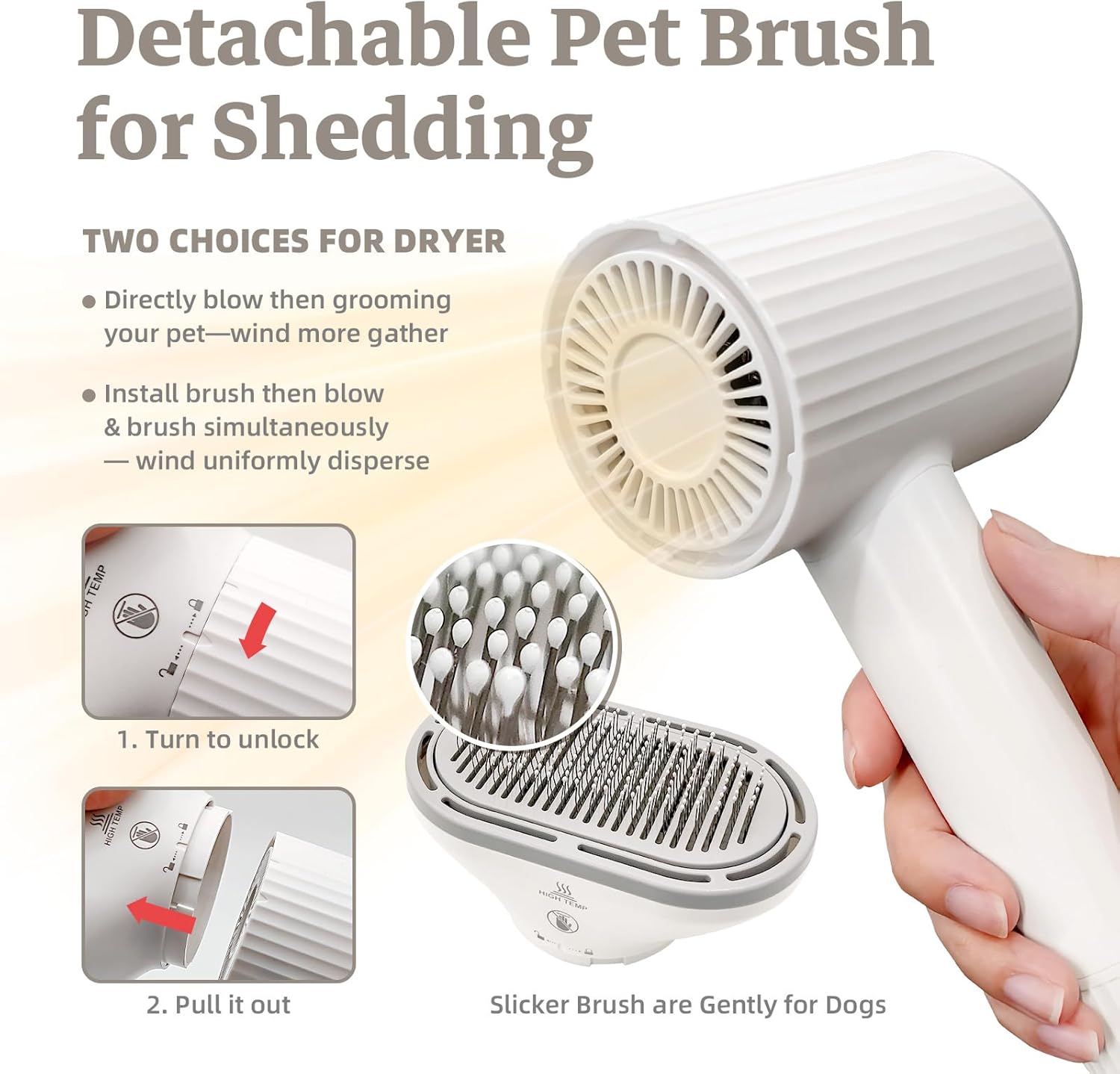 Dog Brush for Shedding, Professional 2-in-1 Pet Hair Dryer & Dog Grooming Brush with Removable Comb, Adjustable Temperature/Speed, Portable Brush for Dogs and Cats