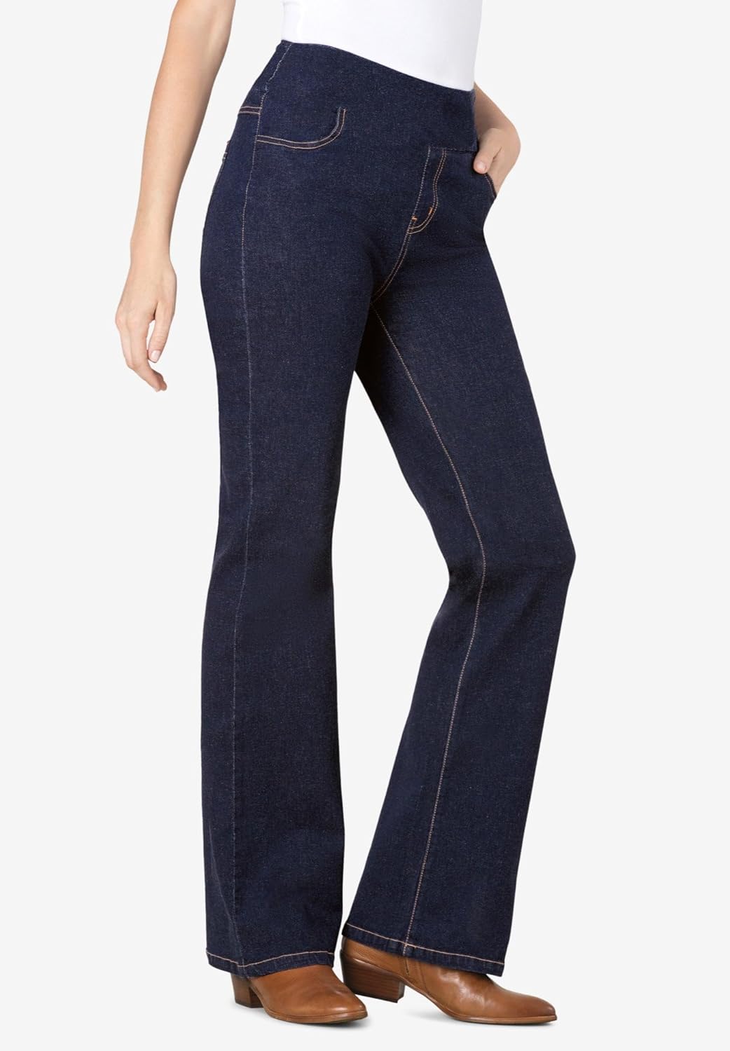 Woman Within Plus Size Flex Pull-On Bootcut Gap-Free Stretch Denim Jeans