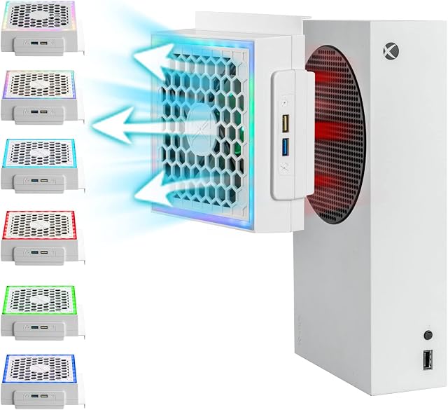Aukuoy Cooling Fan for Xbox Series S, 3 Levels Adjustable Speed Fan Cooler System for Xbox Series S with RGB Color LED Light and external USB Ports, High Performance Turbo Fan, Low Noise