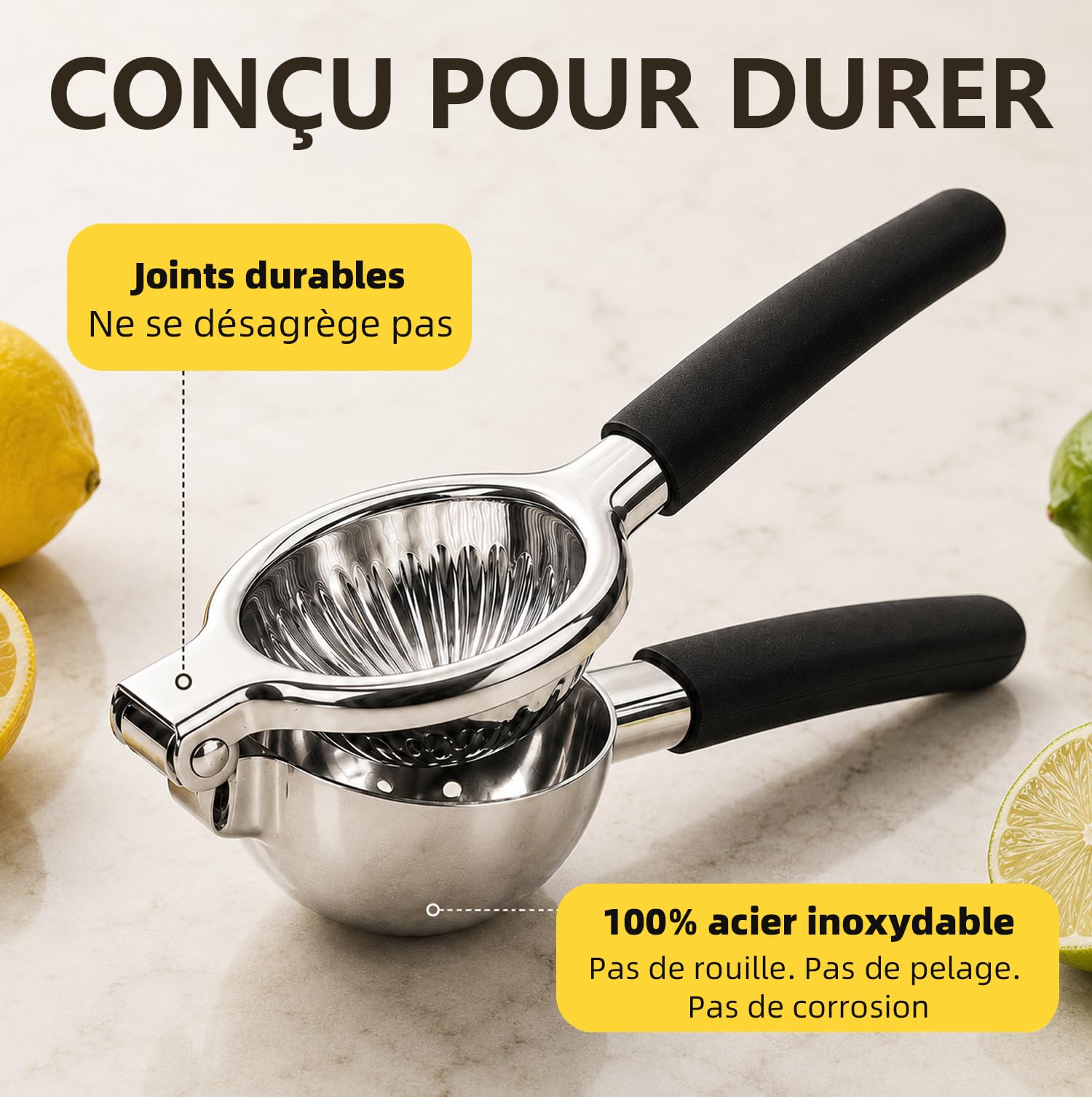 Presse-Citron en Acier Inoxydable 304 - Presse-Agrumes Manuelle avec Poignées Silicone Antidérapantes, Presse Robuste pour Citron, Citron Vert et Orange