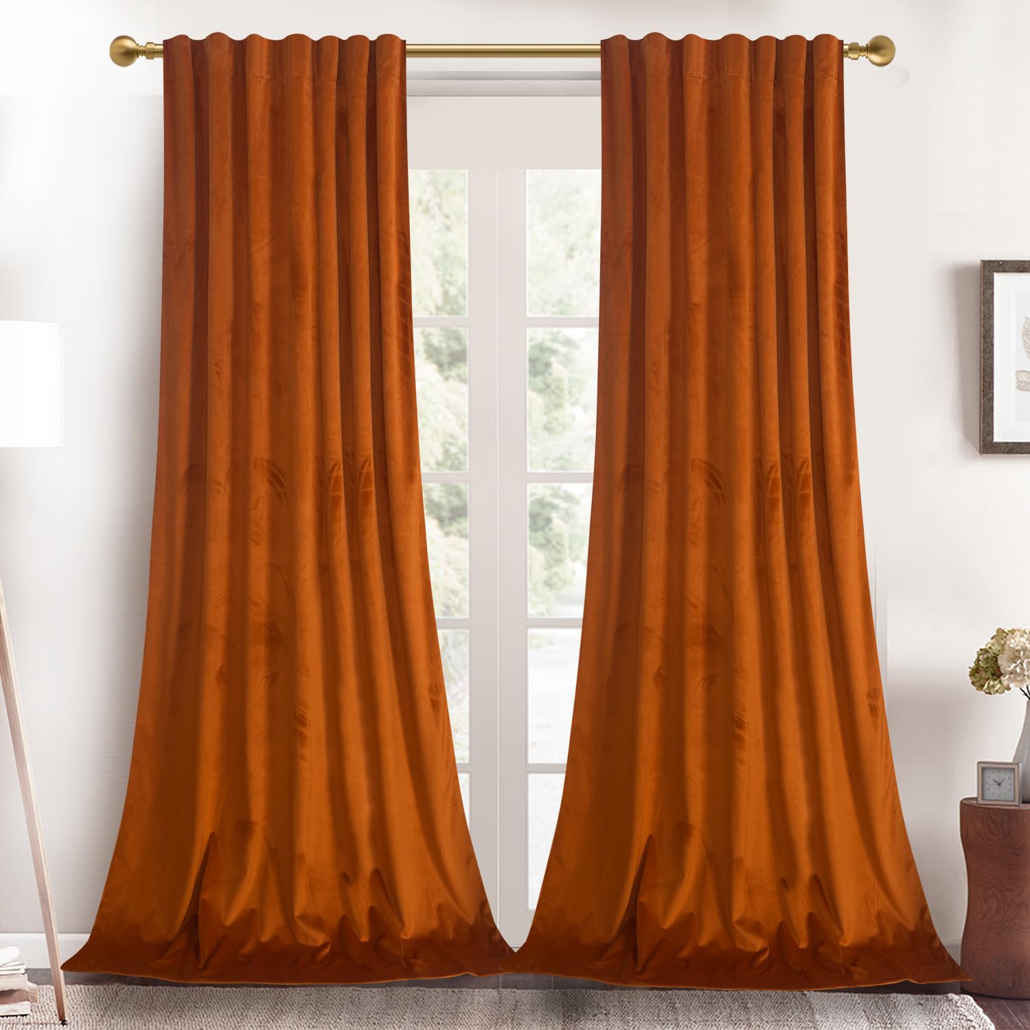 Roslynwood Russet Orange Velvet Curtains 72 inches - Super Soft Home Decor Room Darkening Curtains Thermal Insulated Velvet Drapes for Bedroom/Living Room, W52 x L72 inch, 2 Pcs