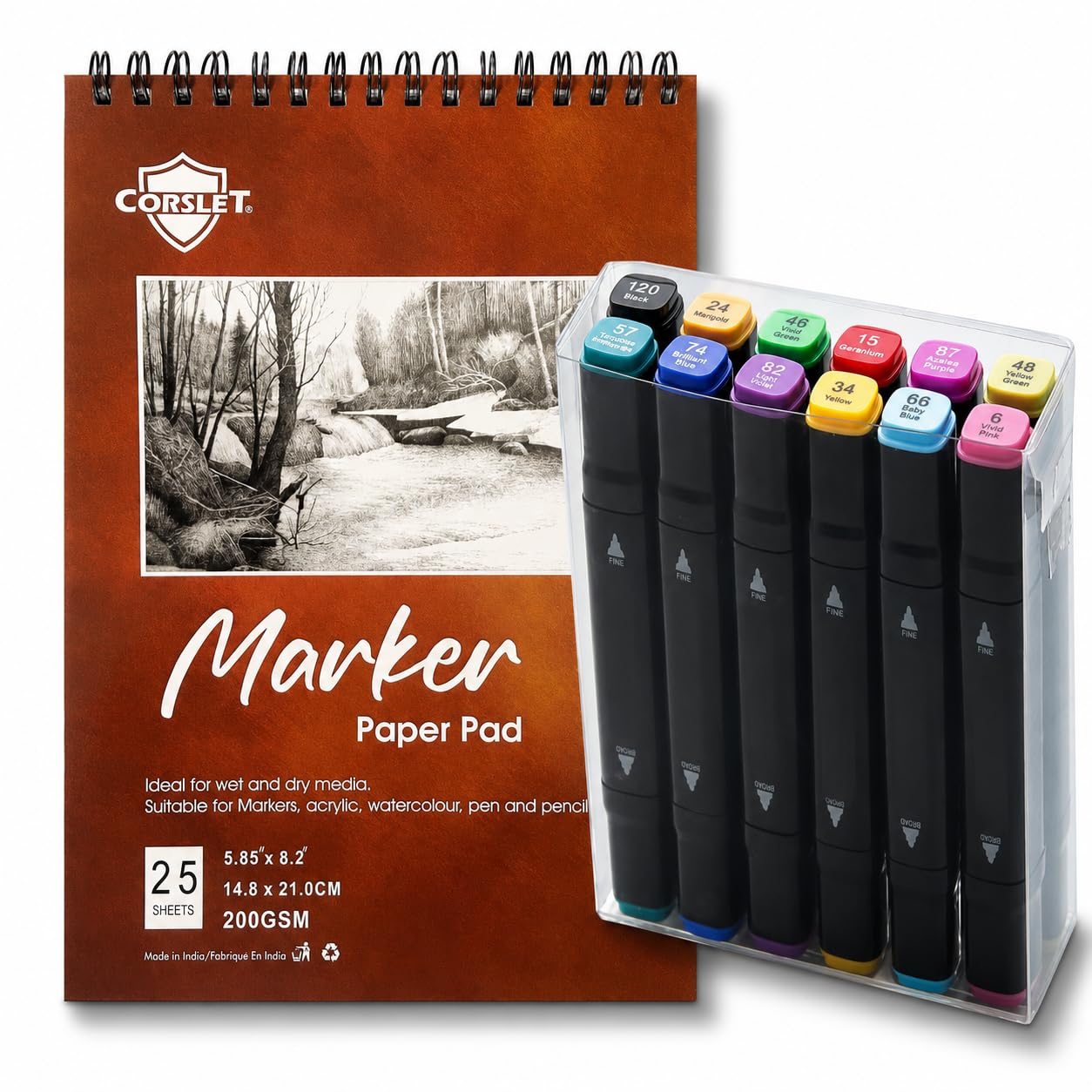 Corslet 12 Alcohol Markers & Marker Pad | Colour Marker Pen Art Markers Dual Tip Brush & Chisel Alcohol Based Markers for Drawing Sketching Adult Colouring & Illustrations