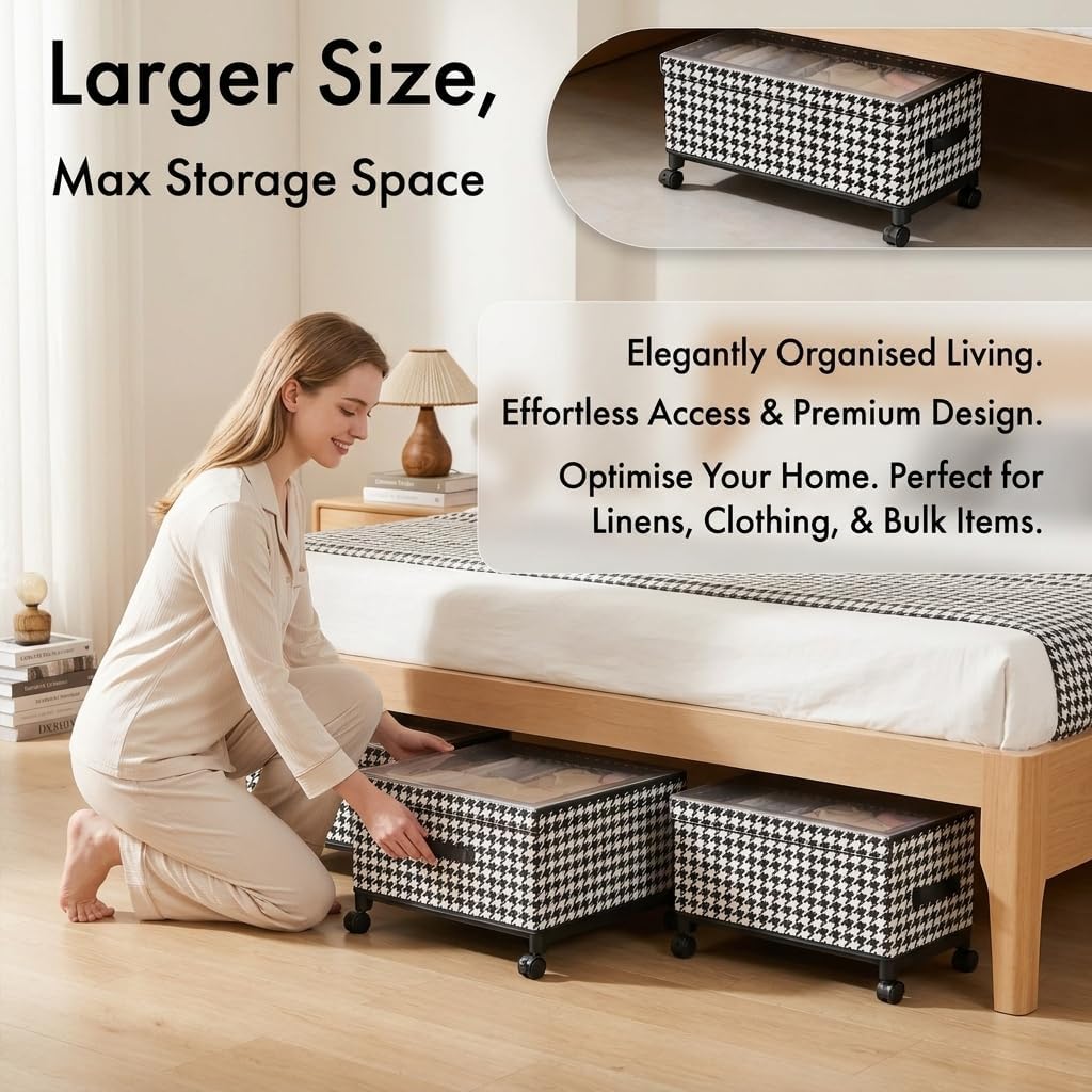 under bed storage with wheels, 65l adjustable underbed bins 30.3×11.4×11.8" for clothes shoes blankets (white)