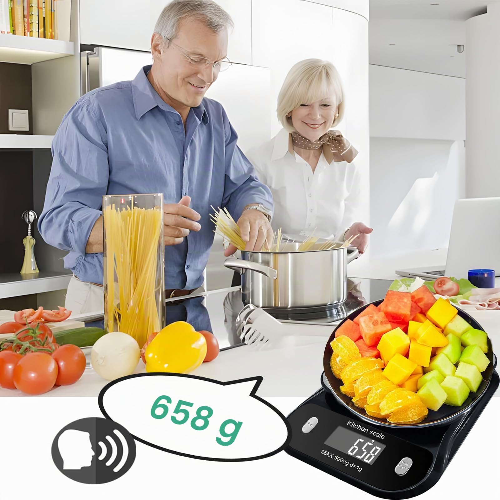 Talking - Bilancia da cucina digitale parlante, bilancia da cucina elettronica parlante, bilancia parlante per alimenti con ampio display LCD, bilancia per alimenti con piattaforma a disco in acciaio