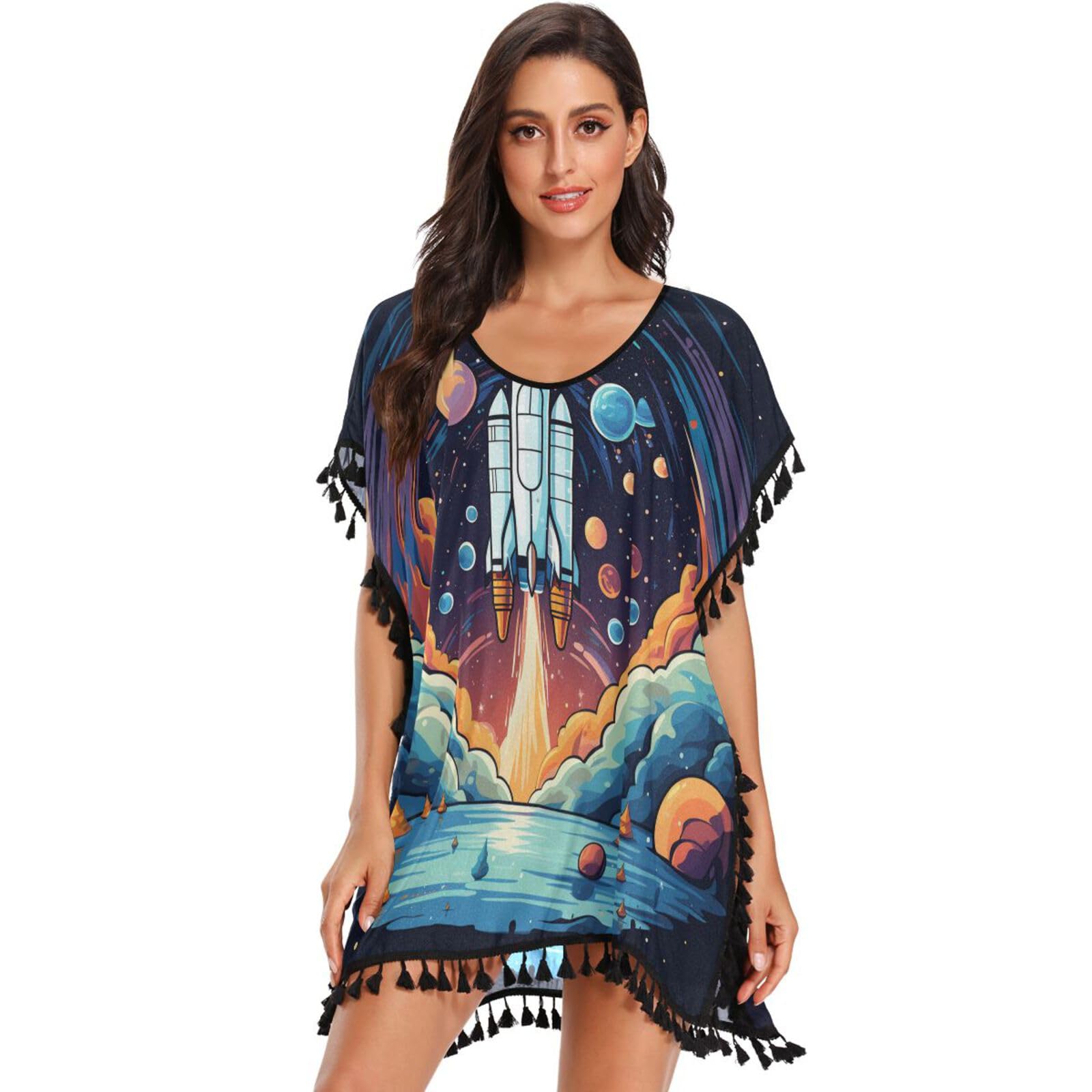 Art Space Rocket Purple Stars Women's Beach Cover Up Chiffon Tassel Swimwear Swimsuit Coverups for Girl