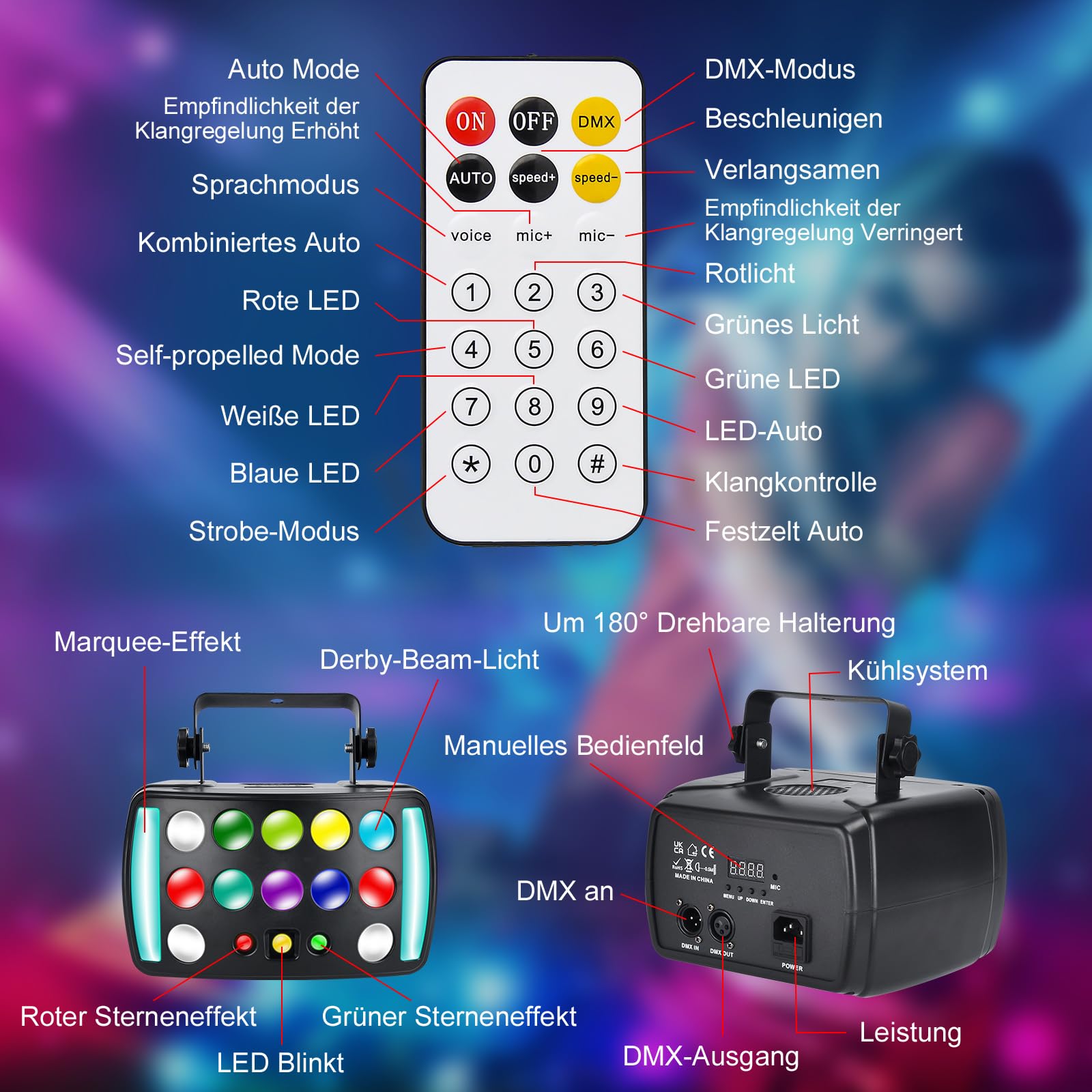 Lumière Disco de Fête avec Télécommande, Perles de Lampe 4 en 1, Stroboscope Disco avec Musique Contrôlée, Boule Disco avec Support à 360° pour Anniversaire de Club, Noël 50W RGB DMX 512 Derby Light