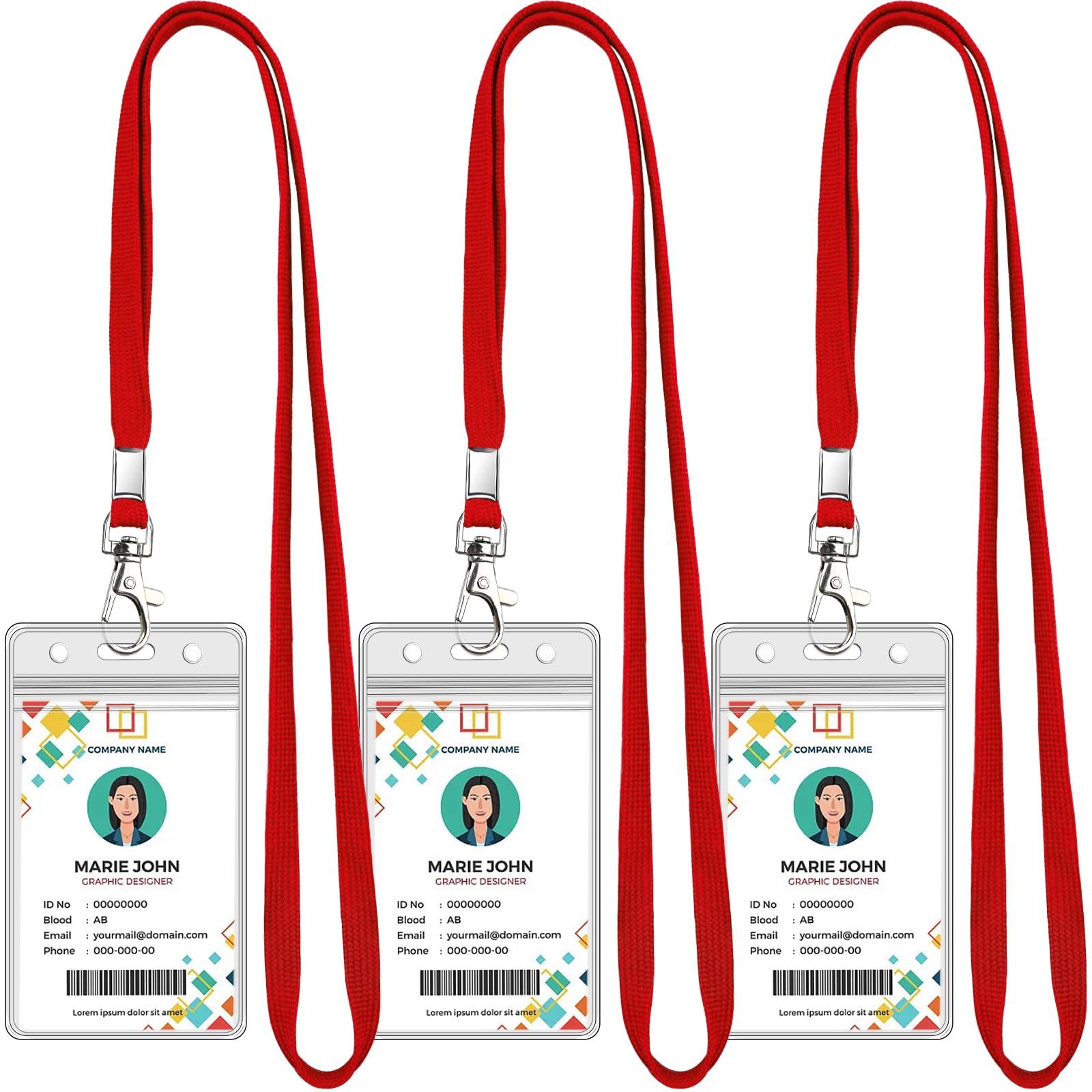 3 Pack Clear ID Badge Holder with Lanyard Red Lanyards with Vertical Waterproof ID Badge Holder for Office, School, Travel
