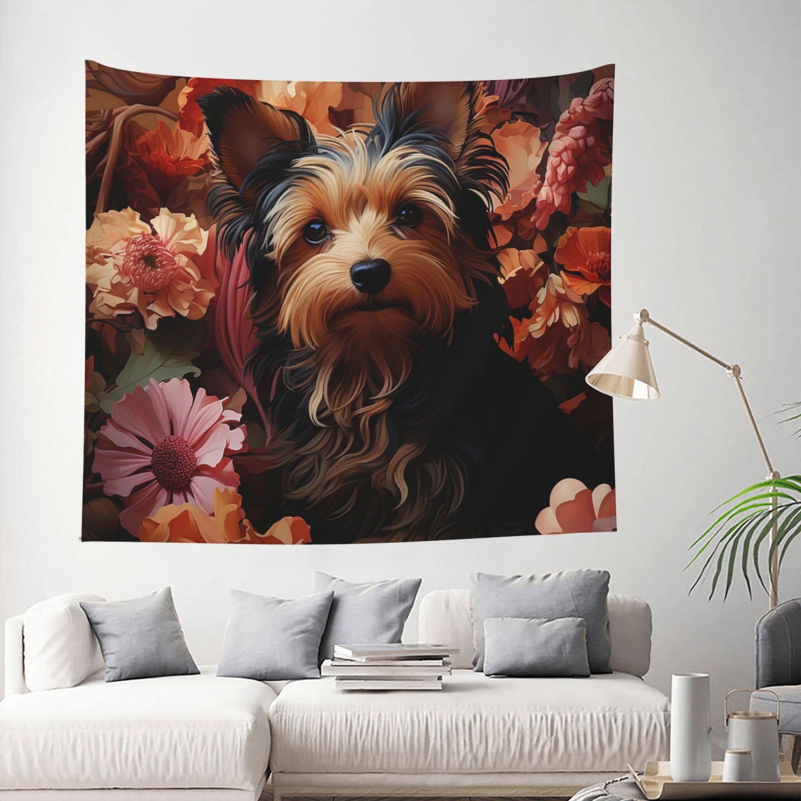 QLDETUPWLX Tapestry 153 X 130 CM Inches Wall Hanging for Living Room Yorkie Floral Tapestrys Home Decor Soft Aesthetic Tapestries Hanging Decor Blanket Wall Tapestry for Bedroom Dorm Indoor Outdoor