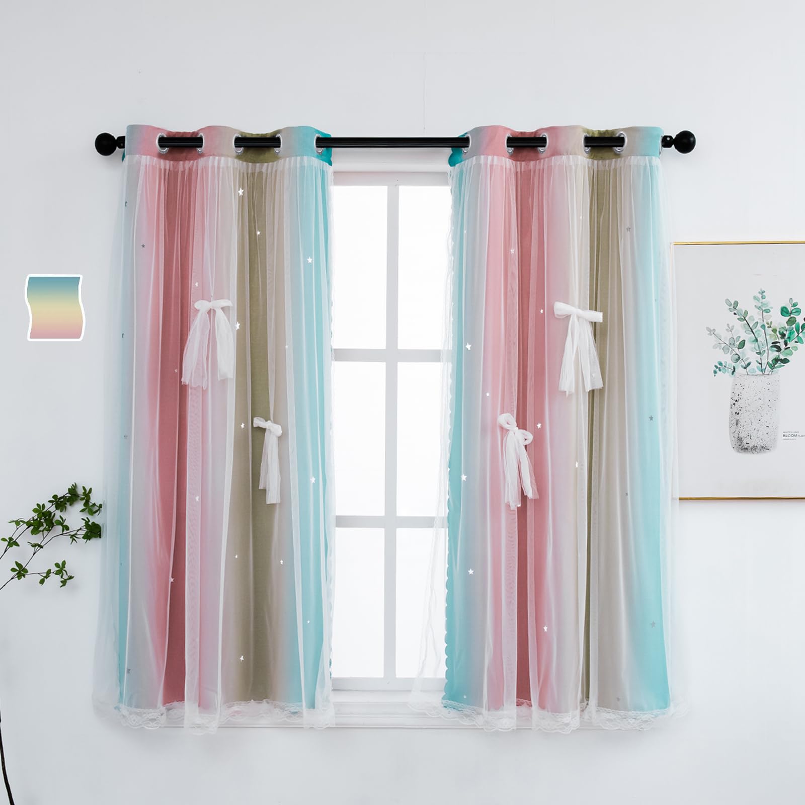 Yancorp Cortinas para Dormitorio de niñas, Cortina Colorida para Ventana de guardería, Cortina de 160 cm de Largo, oscurecimiento de la habitación, Ojales, 2 Capas (Rosa bebé, Azul, 86 cm de Ancho x