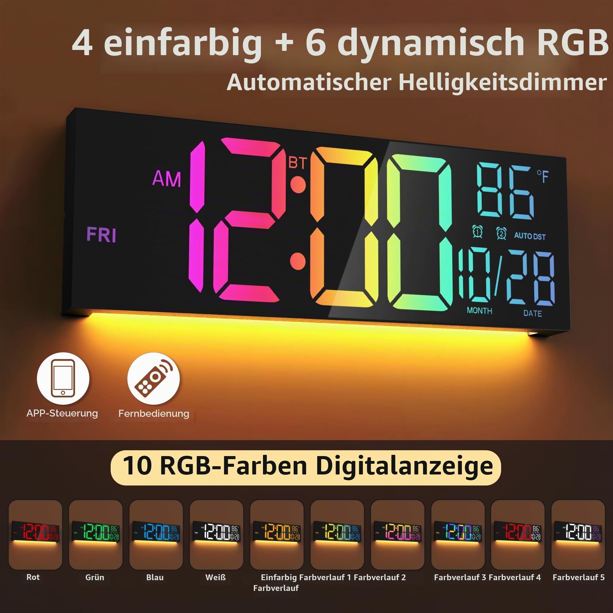 16,5" Digitale Wanduhr mit Bluetooth, Nachtlicht, Dimmung, 2 Wecker, Temperatur, RGB-Farbe, Fernbedienung, 12/24H, Timer – für Wohnzimmer, Büro, Senioren, Geschenk