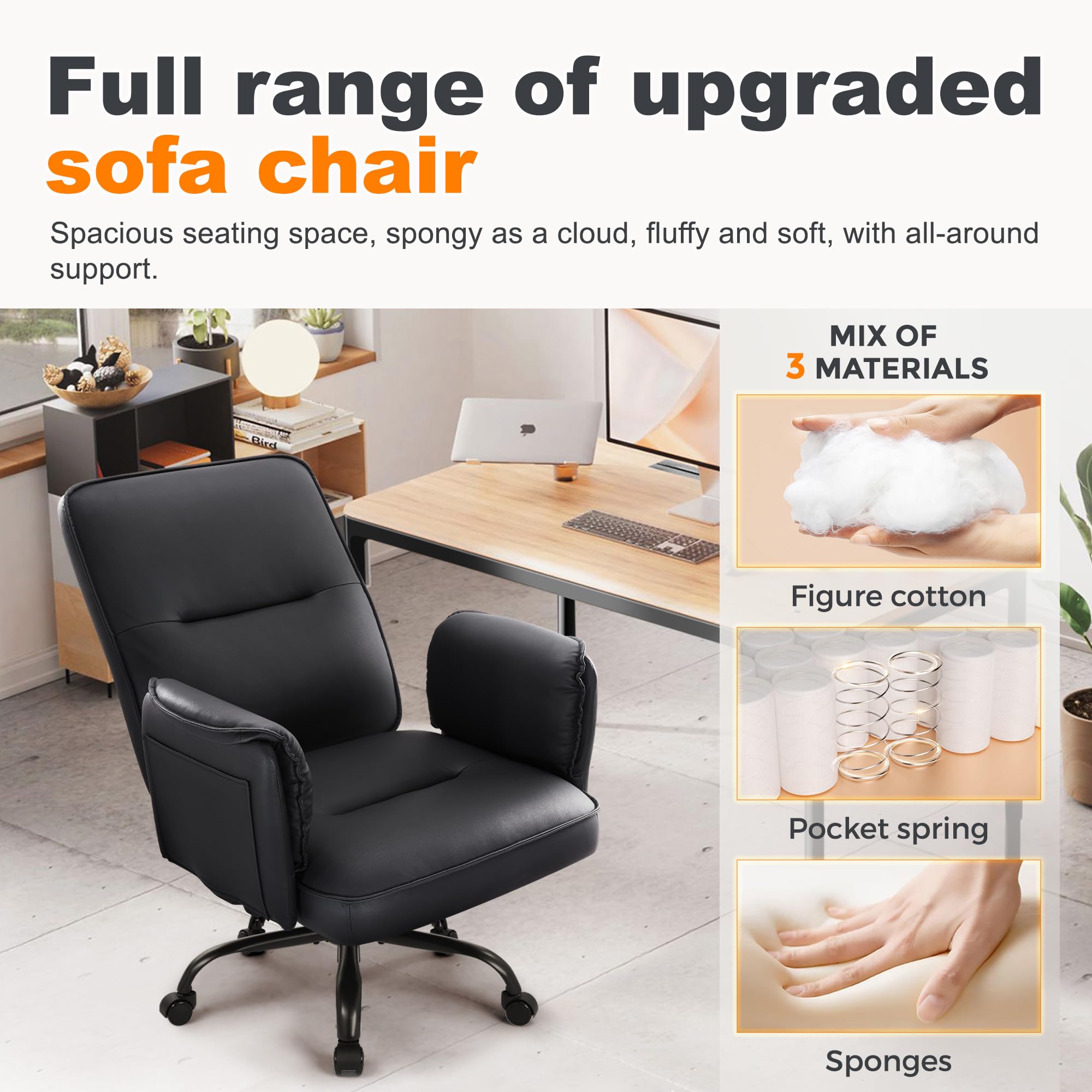 IWMH Bürostuhl,PU Leder Schreibtischstuhl, 90-135° Reclining Drehstul | Breiten Sitz Chefsessel mit Rollen,Schminktisch Stuhl Höhenverstellbarer mit Armlehne für Büro,Homeoffice(Braun)