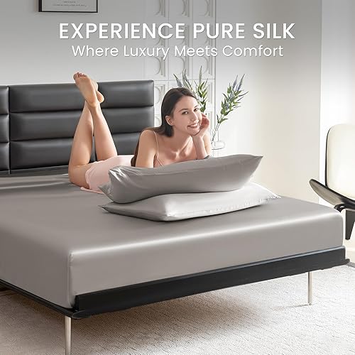 Miniatura 8 de THXSILK Juego de sábanas de seda de 4 piezas, juego de sábanas tamaño King, 22 sábanas de seda Momme 7A+, sábanas suaves y transpirables con 1