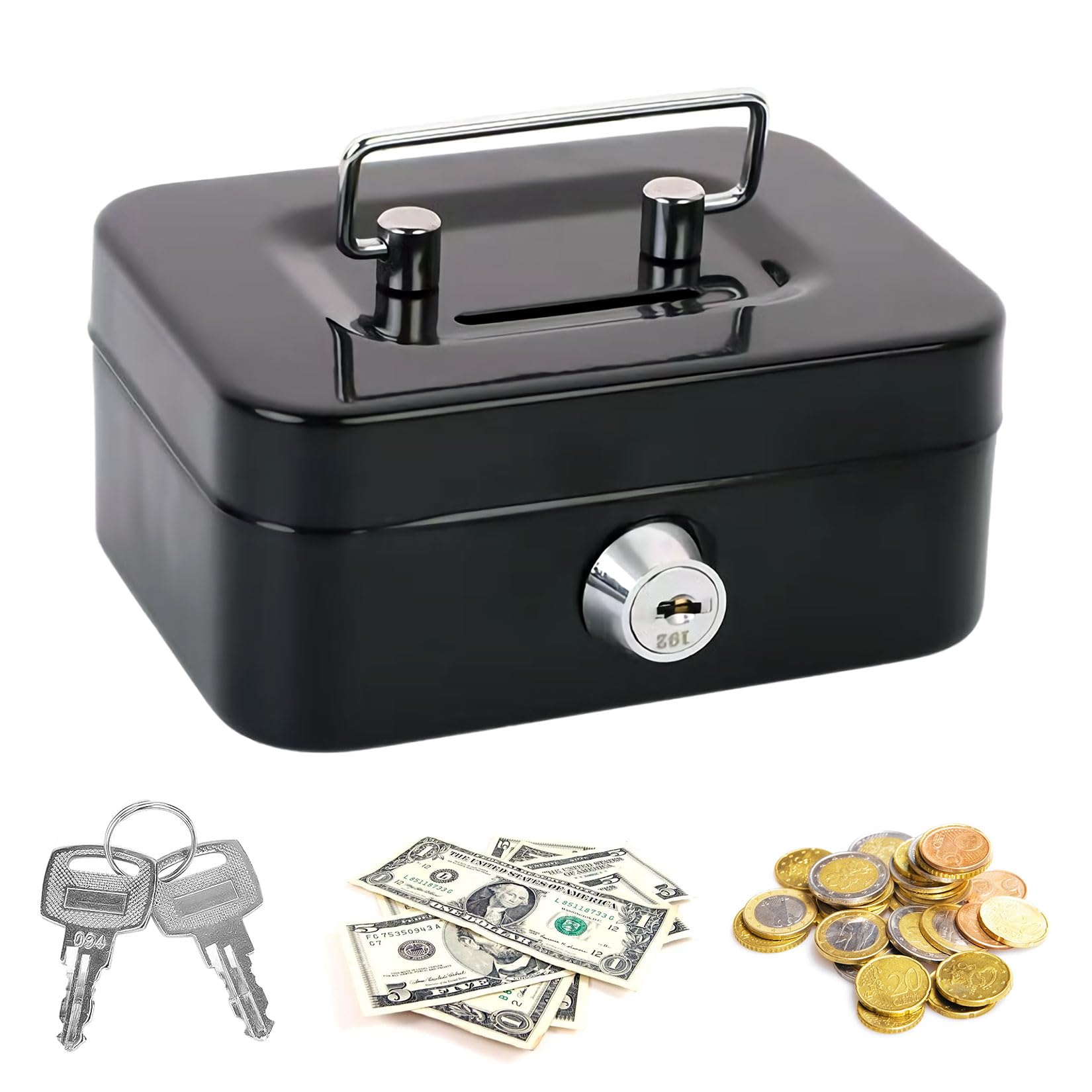 Caja de caudales recerrable, caja pequeña con llave y ranura, hucha de acero, caja de caudales para niños (negro)