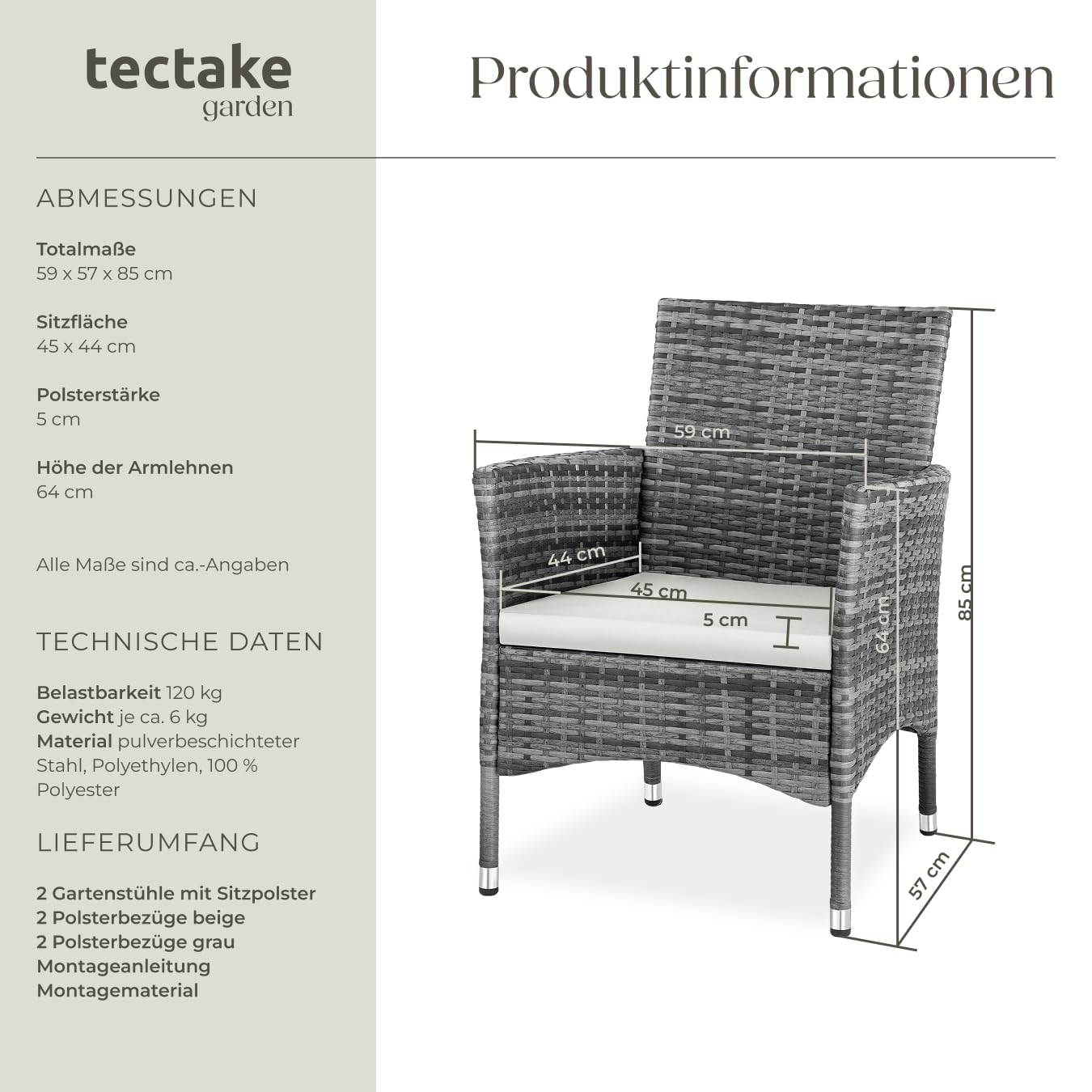tectake® 2er Set Gartenstuhl aus Polyrattan, Gartenmöbel Set mit 2 Sessel, Outdoor Rattansessel inklusive Sitzpolster und 2 Bezugssets, rostfreie Edelstahlschrauben, pflegeleicht - grau/hellgrau