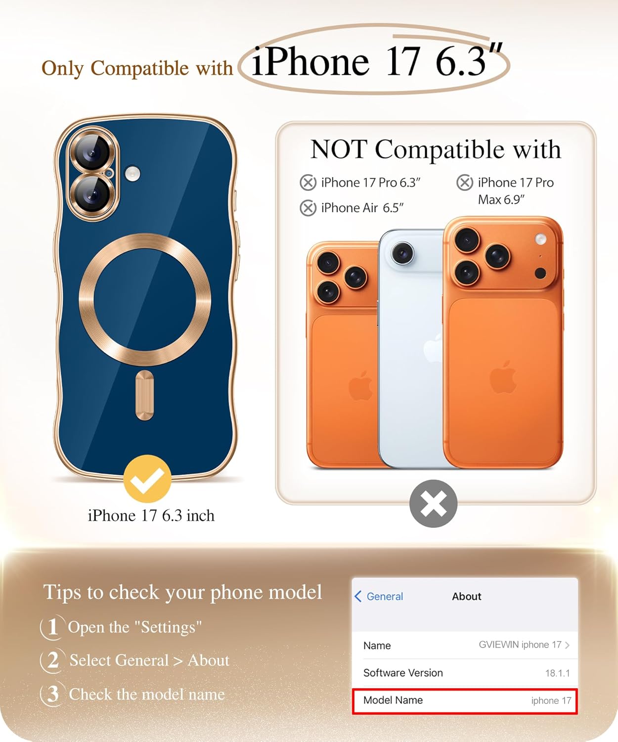 GVIEWIN for iPhone 17 Case [Compatible with MagSafe][Upgraded Full Camera Protection][Cute Wave Frame] Glossy Slim Shockproof Protective Magnetic Phone Case for iPhone 17 6.3'', Blue