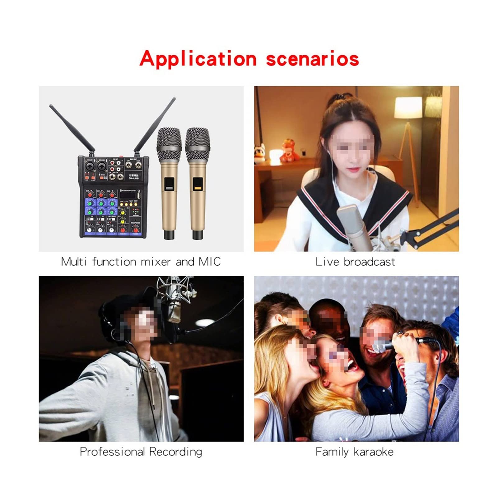 Mikser audio, 4 -kanałowy mikser audio z mikrofonem bezprzewodowym na komputer DJ Karaoke Mieszanie Konsoli Audio Interface Karta dźwiękowa Phantom Power(Mixer Kits)