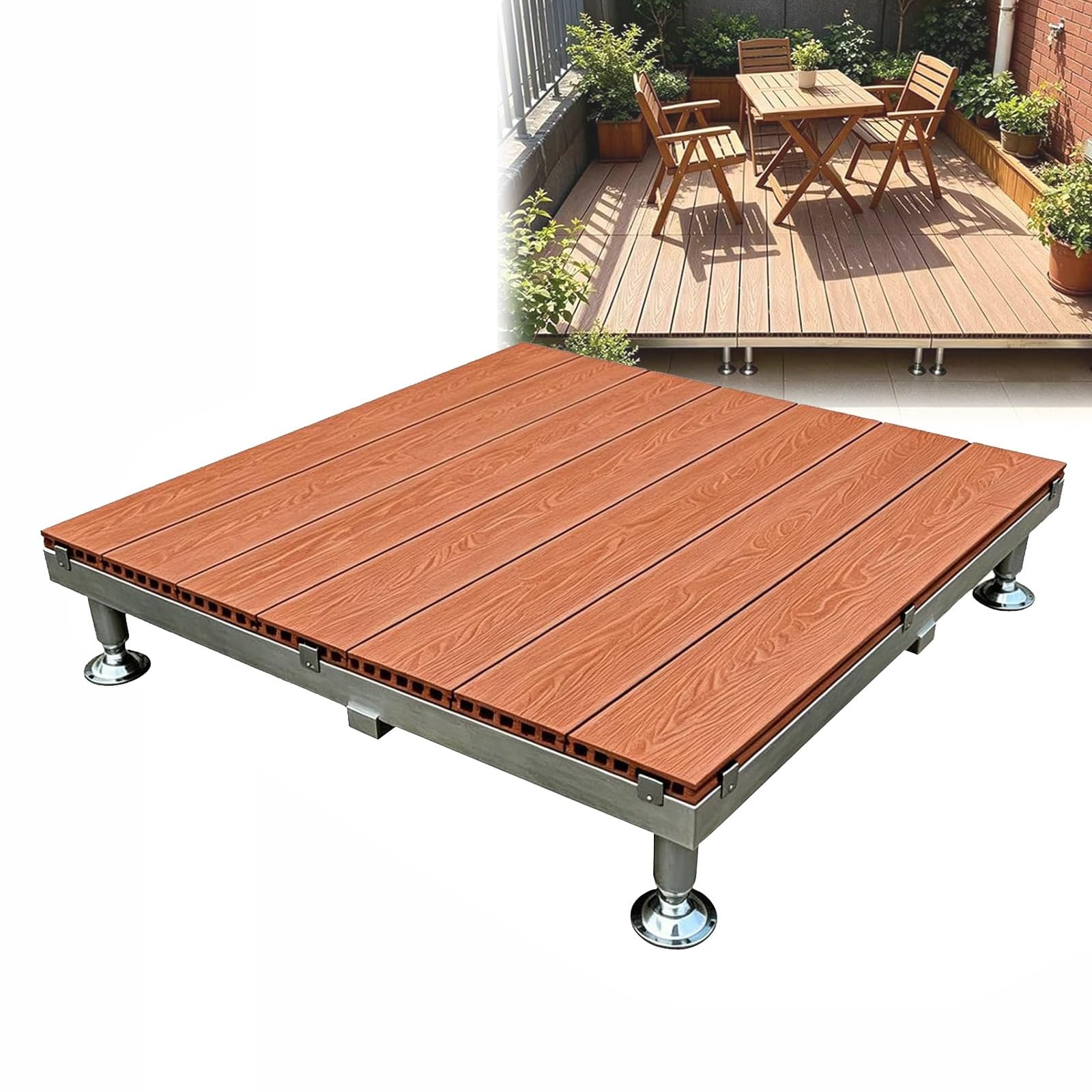 WPC Piastrelle Per Terrazze Regolabile 84x84cm Piattaforma Rialzata Esterno | Pedane Pavimentazione Modulare, Metallo Struttura,Impermeabile Mattonelle A Incastro Per Giardino Prato(Brown)