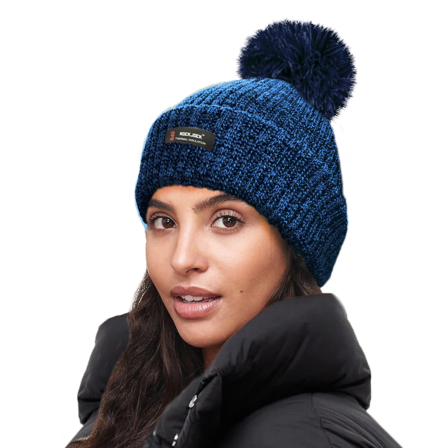 RockJock R40 Thermal Insulation Ladies Marl Melange Bobble Hat with Fleece Lining-Blue