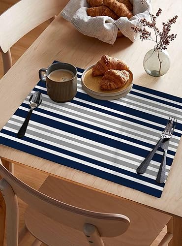 Miniatura 3 de Juego de 6 manteles individuales lavables de lino y algodón para cocina, mesa de comedor, color azul marino, gris y blanco, a rayas,