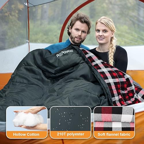 Vista 13 de Saco de dormir doble de franela para adultos con 2 almohadas, sacos de dormir para 2 personas, camping, XXL, tamaño Queen, saco de dormir para dos