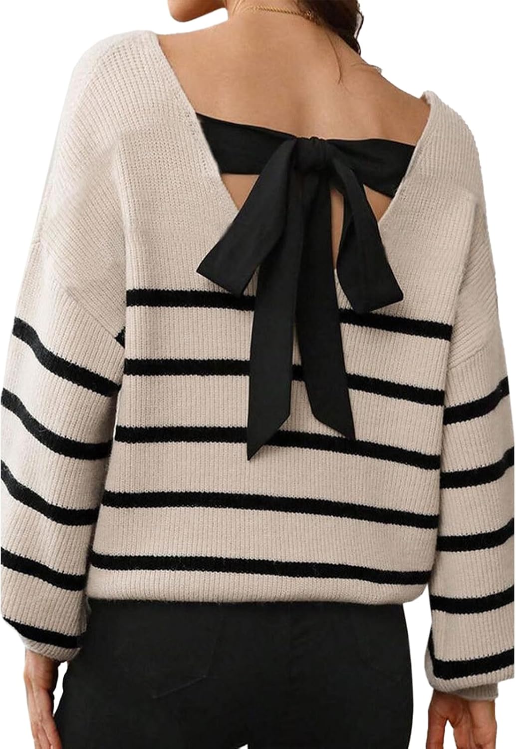 CHICWISH Women Striped Pattern Cutout Back Bow Tie Ribbed Knit Sweater V Neck Long Sleeve Casual Pullover Sweater Tops