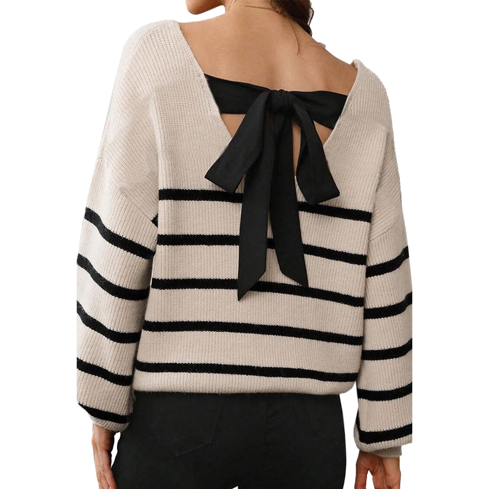 CHICWISH Women Striped Pattern Cutout Back Bow Tie Ribbed Knit Sweater V Neck Long Sleeve Casual Pullover Sweater