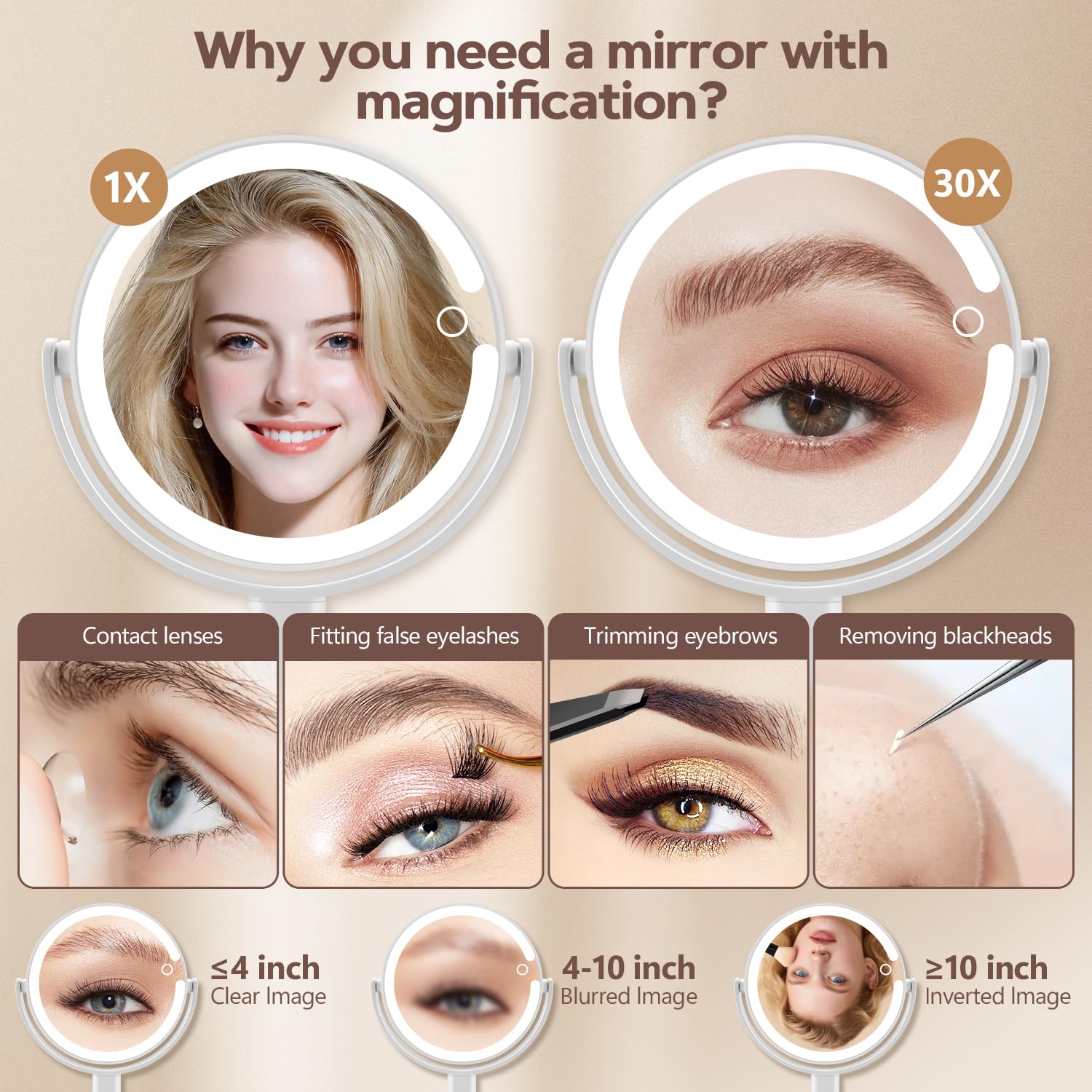 MIYADIVA Specchio per il trucco con luci, ingrandimento 30x, con interruttore su 2 lati, specchio cosmetico con 3 colori e luminosità regolabile, 80 LED, regalo ideale per il trucco quotidiano e la