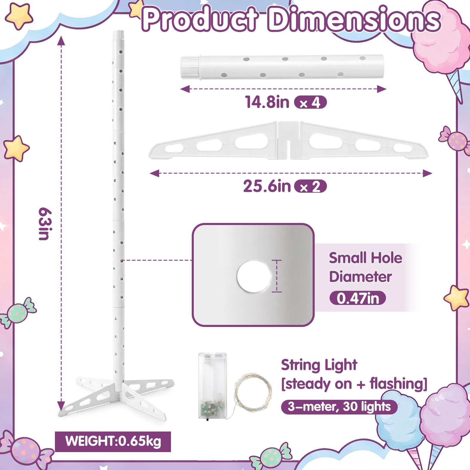Novabright Plastikowy stojak na cukierki, 1,60 m, z oświetleniem LED, 64 otwory, regulowany, stojak na watę cukrową, artykuły imprezowe, urodziny, baby shower, ślub, 1,60 m