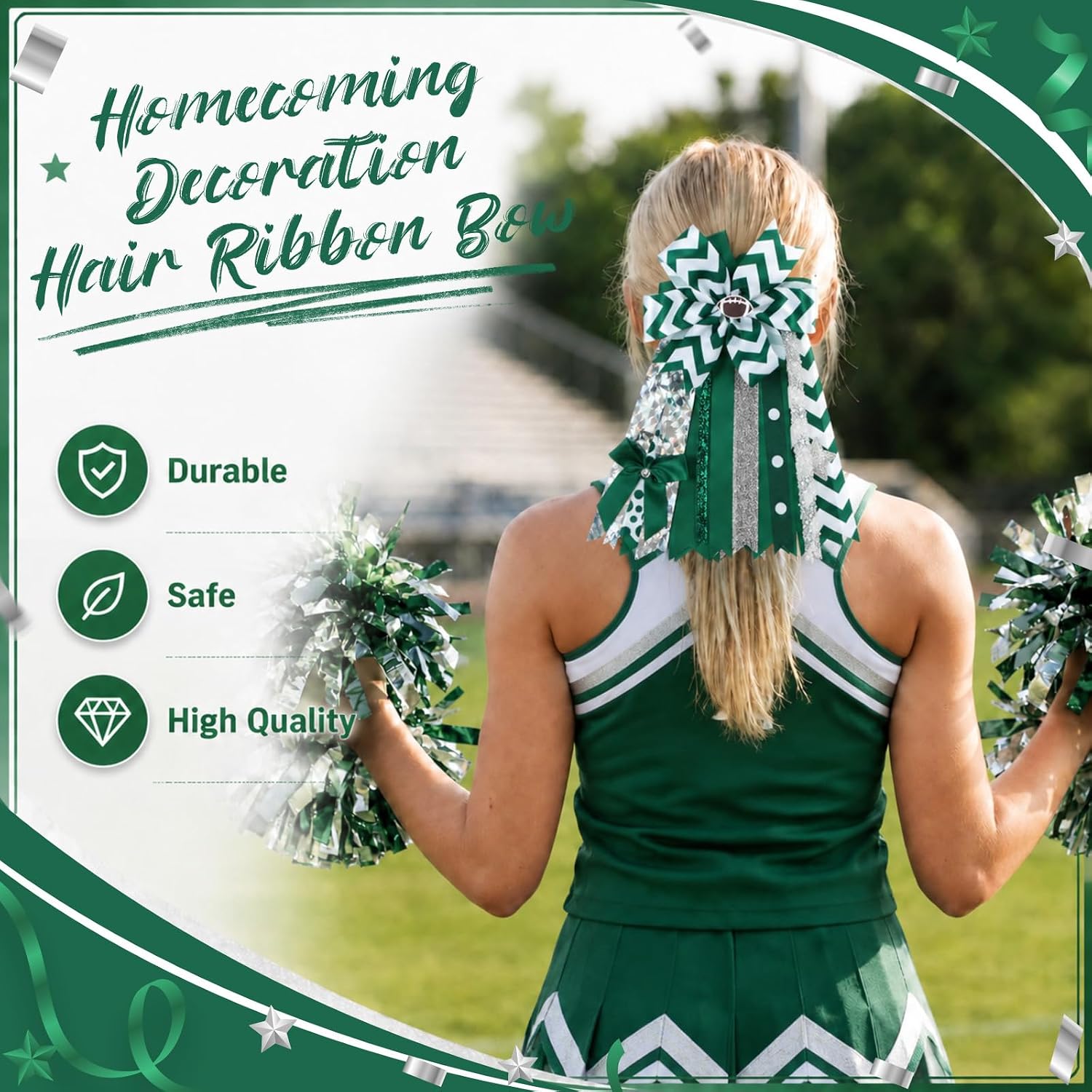 Brand 4 Pcs Homecoming Hair Bow Clips, Game Day Accessories, Green image 3