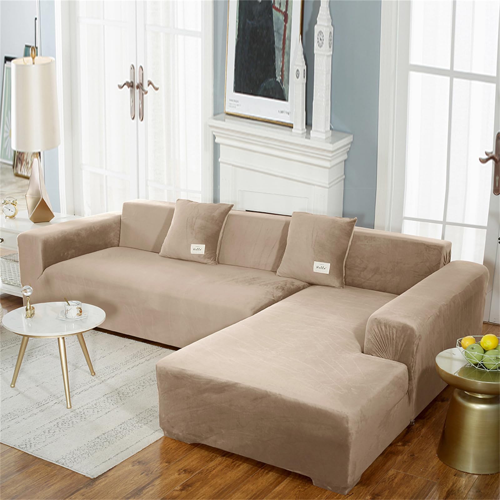 Sofa Cover 1/2/3/4 Seater, Winter Adjustable Elastic Non-Slip Sofa Cover with Armrests, Universal for Living Room Children Pets (3 Seater, Camel)