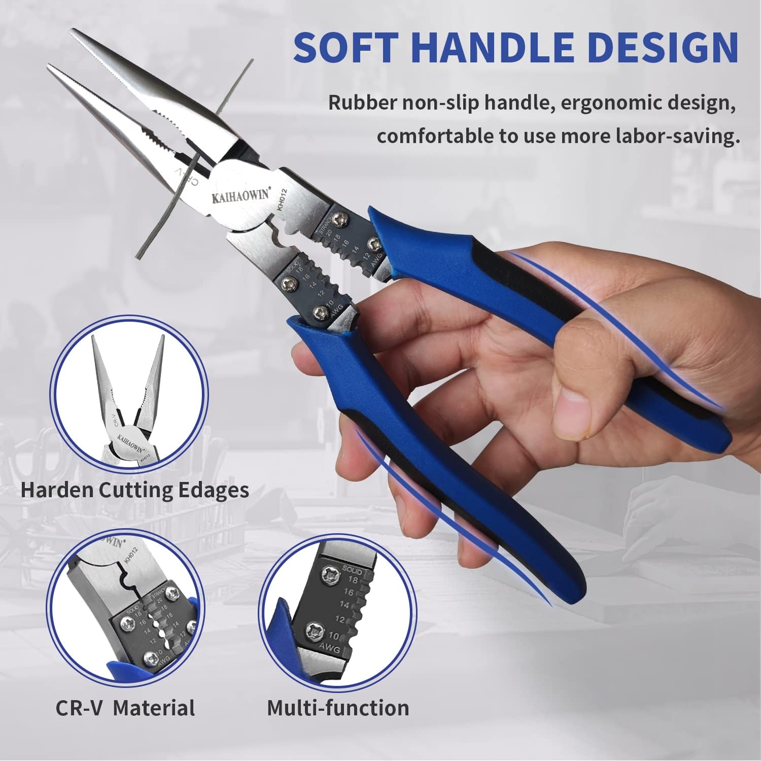 Needle Nose Pliers-KAIHAOWIN 9" Heavy Duty Chrome-Vanadium Steel Long Nose Pliers-Crimper Winding Pinching Function Side Cutters-Multitools Industrial Combination Wire Stripper Cutters for Mechanics - 