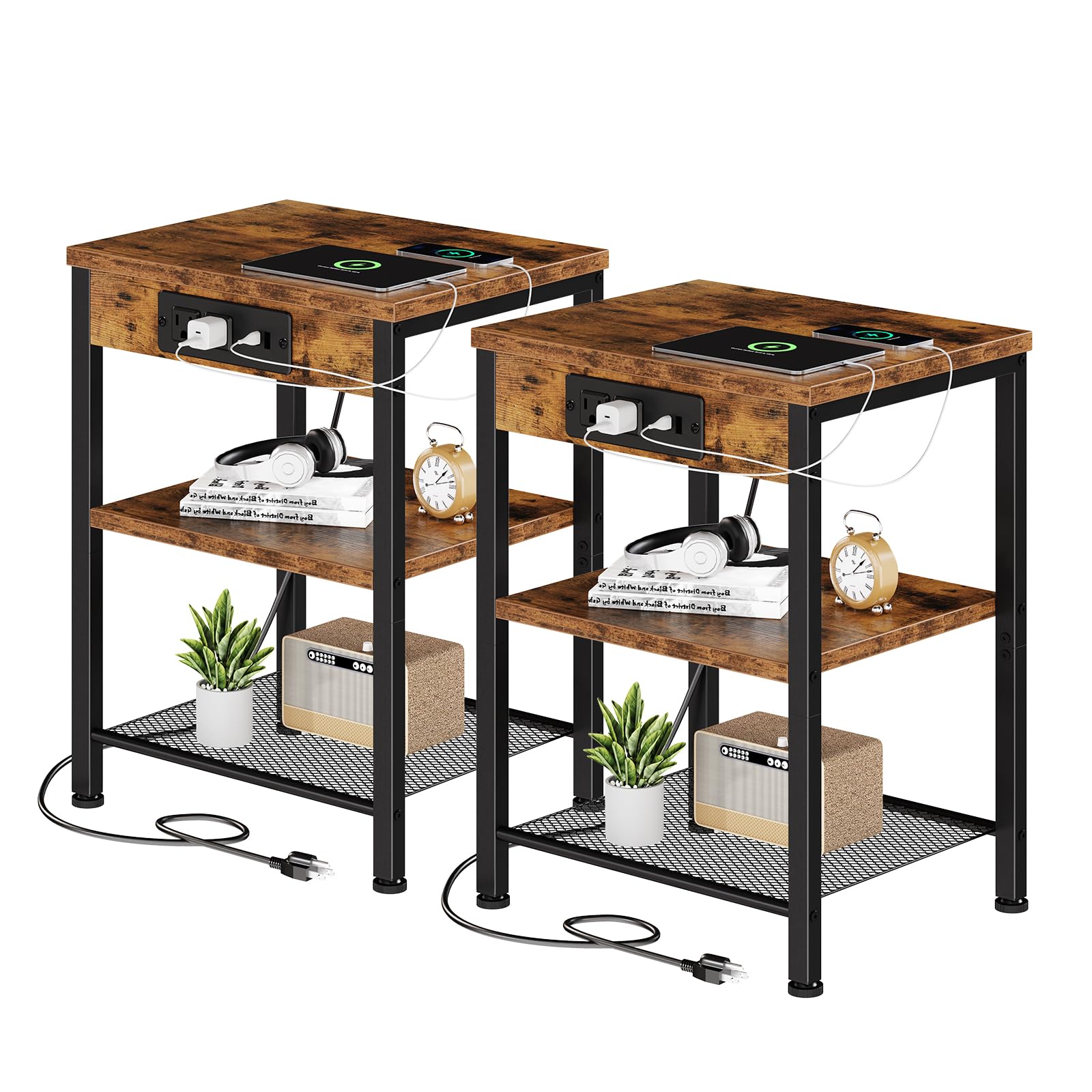DUMOS 15.7" Small Side Table Set of 2 with Charging Station, End Table with Outlets & USB Ports, 3-Tier Adjustable Nightstand for Living Room, Bedroom