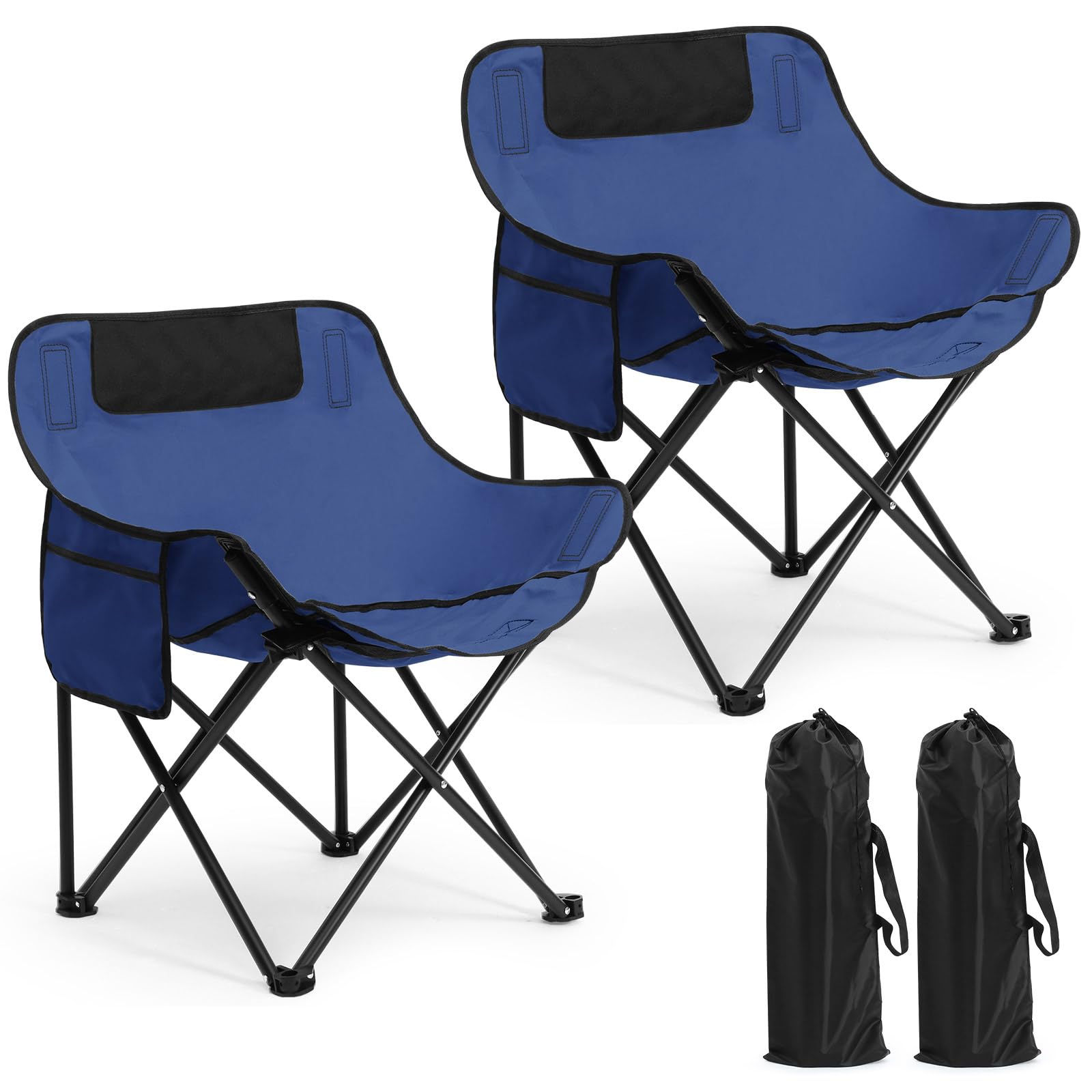 2 Pack Compact Camping Chairs Portable Folding for Outside with Carry Bag Lightweight Moon Chairs for Travel Picnic Hiking Beach Fishing, 600D Oxford, Supports 330lbs(Blue)