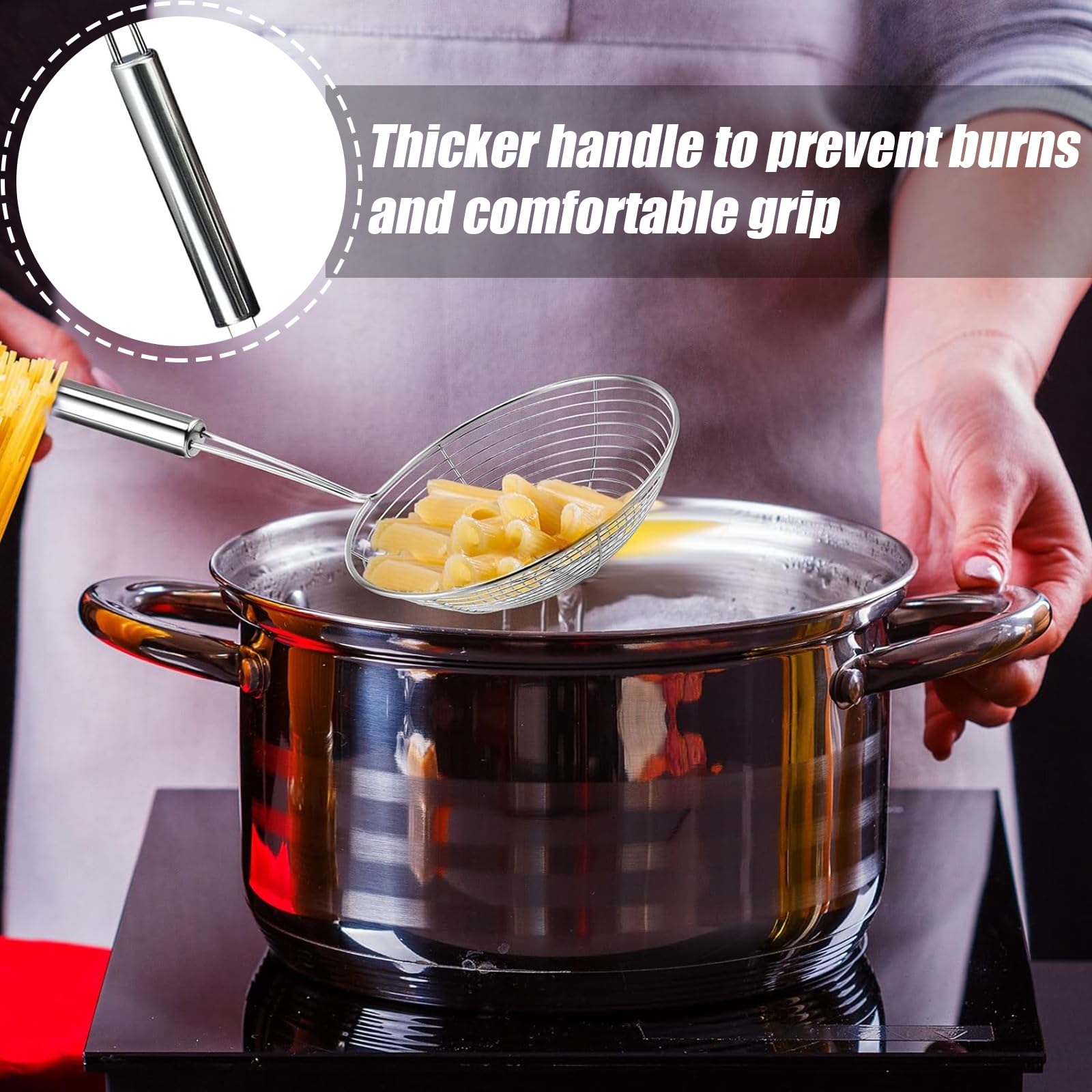 Set 2 Utensili Da Cucina In Acciaio Inox - Scolapasta E Schiumarola Con Manico In Legno, Per Pasta E Fritti - Foto 5