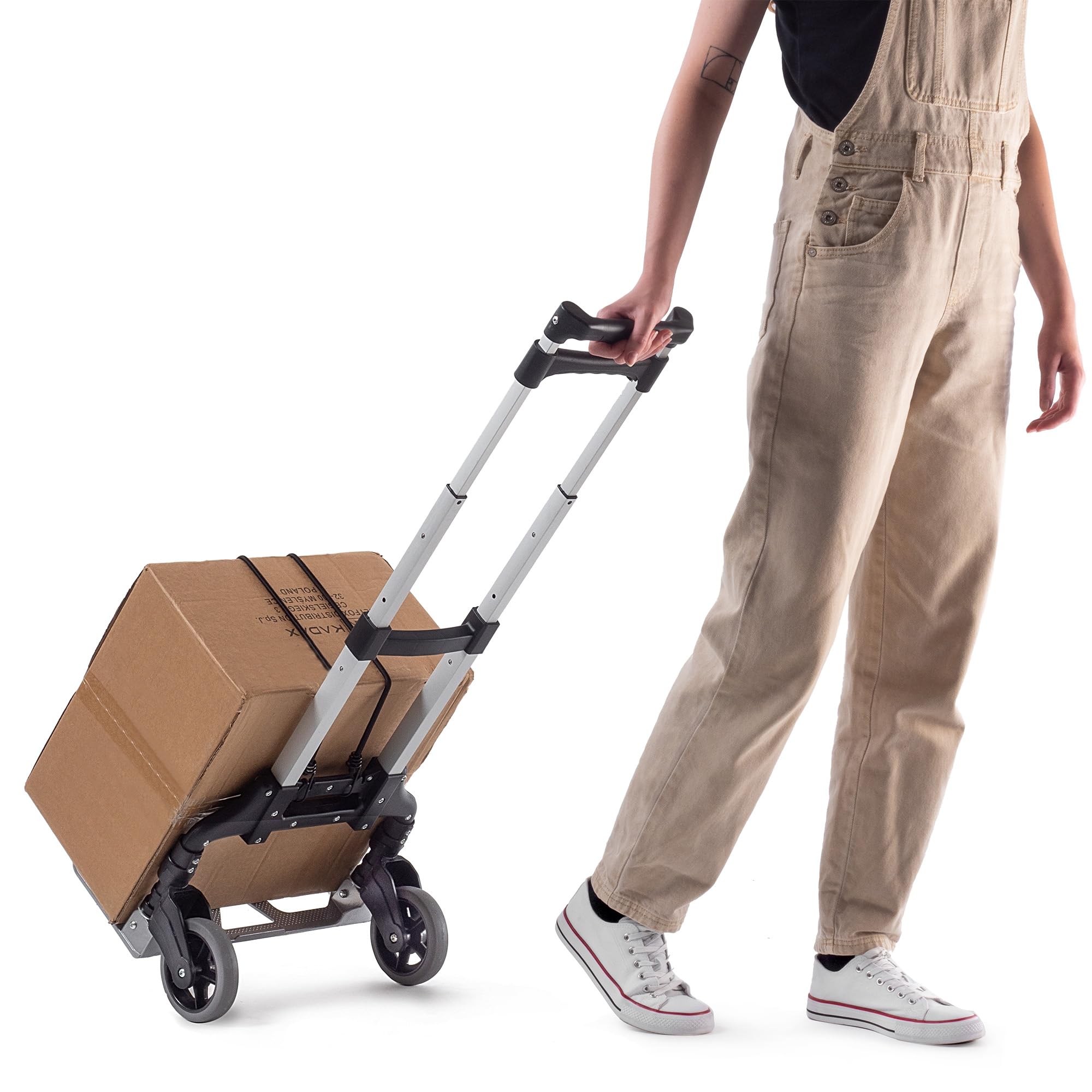 KADAX Carretilla de transporte plegable de aluminio con mango telescópico (100 cm), carro de mano con superficie de carga antideslizante y ruedas de marcha suave – Carretilla compacta para el hogar