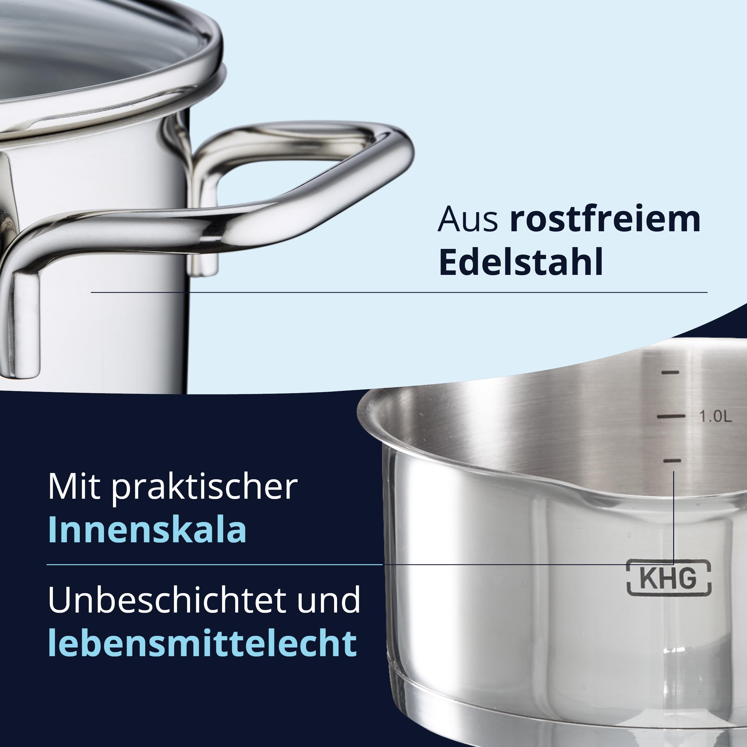 KHG Topfset 5-teilig Edelstahl, Innenskala, Kasserolle, für Küche und Herd | mit Dünsteinsatz zum Dampfgaren, Induktion Kochtopf 16 cm, 20 cm, 24 cm, Glasdeckel mit Dichtring und Sieb, für Zuhause