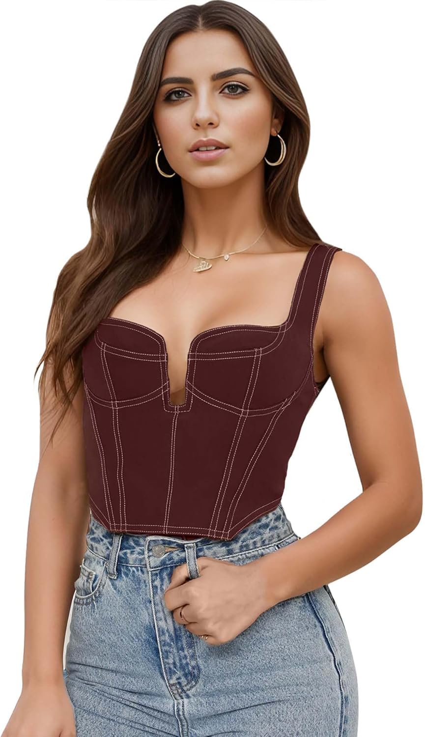 Deep V Neck Sleeveless Corset Corp Top Bustier Y2K Denim Zip Back Coconut Girl Cottagecore Aesthetic for Women