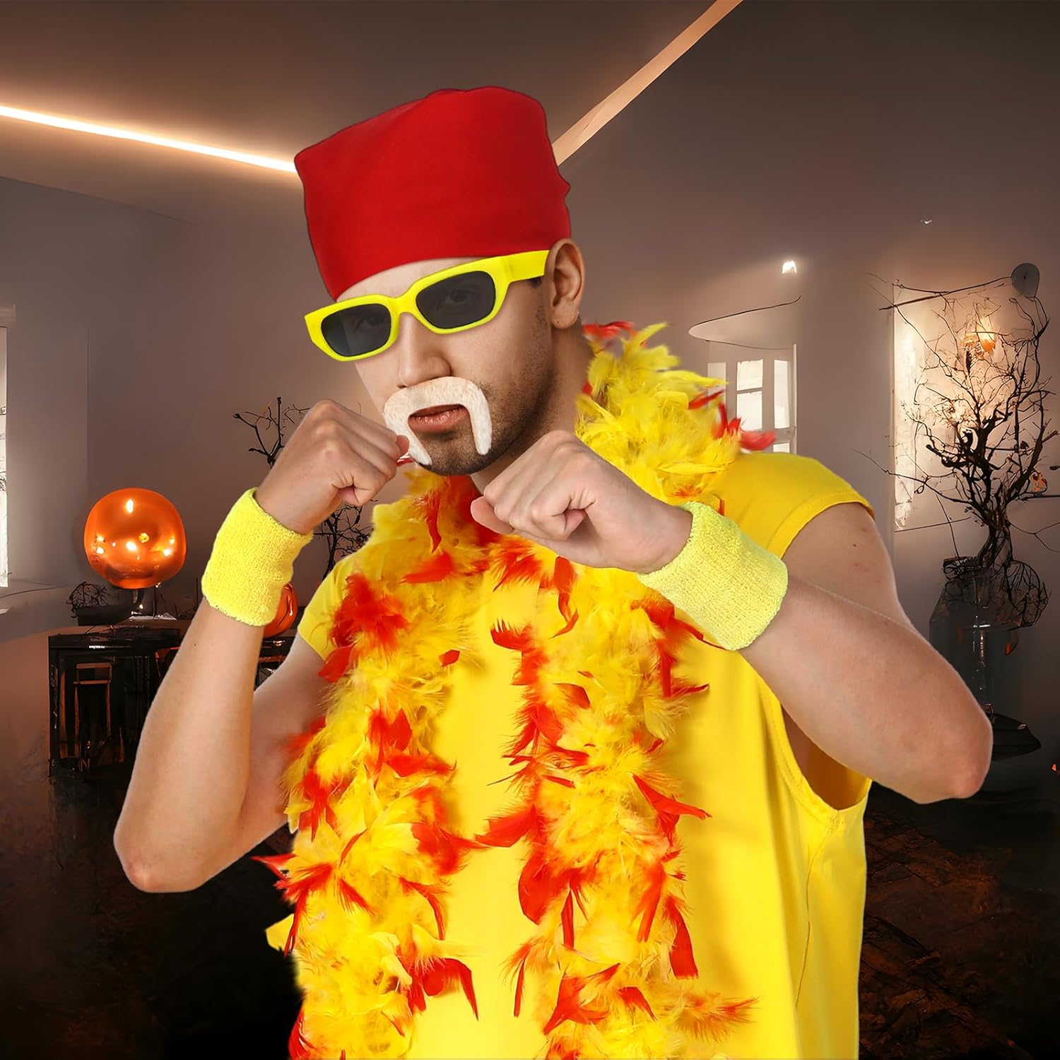 6 Pcs Halloween Wrestler Costume Set Include Yellow Sleeveless T-shirt 6ft Feather Boa Mustache - Image 6