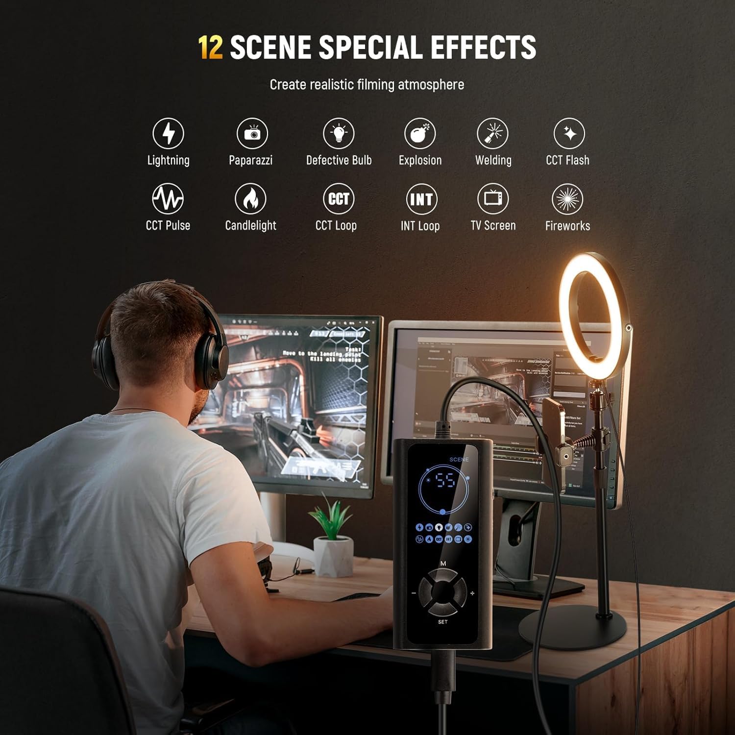 NEEWER Pierścień biurkowy 8" 18 W do telefonu, dwukolorowy 2900-7000K 1380lux/0,5 m CRI95+/TLCI97+ oświetlenie do selfie 12 efektów USB C/nóżka/uchwyt na telefon/pilot, zoom/Youtube/TikTok Vlog, RH8B