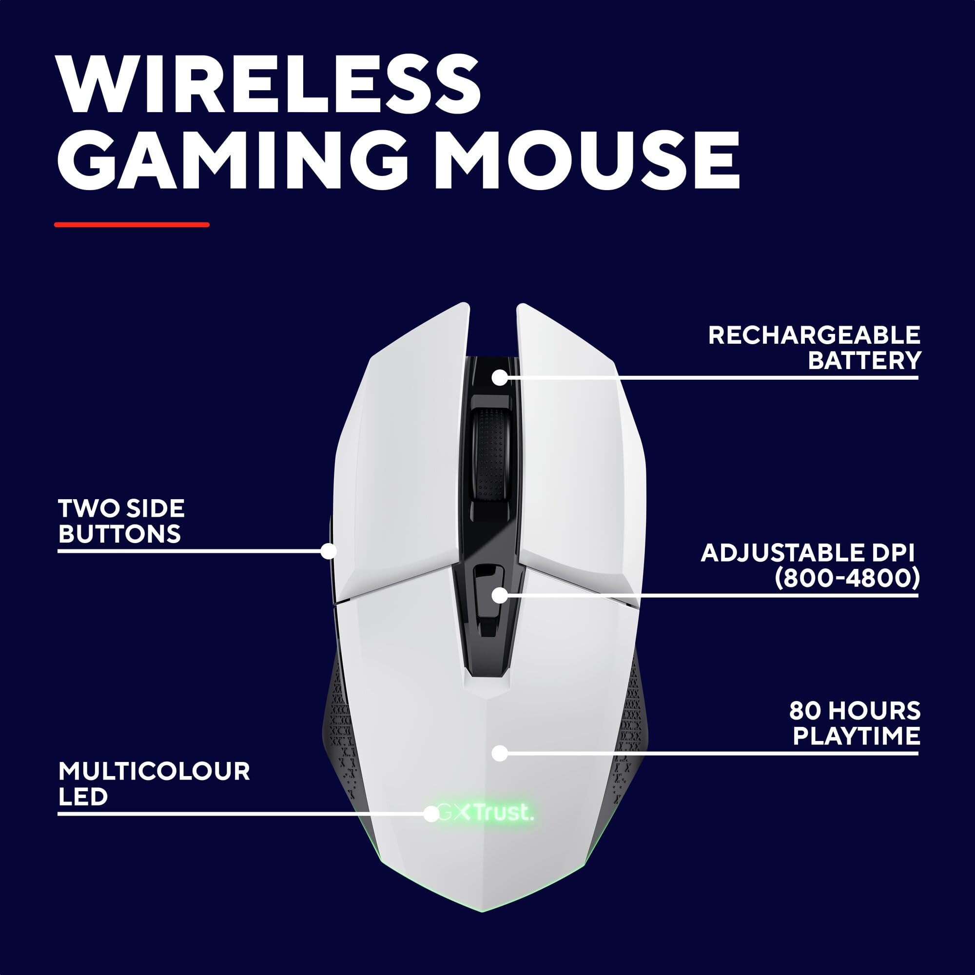 GXTrust Vylax bezprzewodowa mysz gamingowa, akumulator 80 godzin, biała | 800-4800 DPI, podświetlenie LED, 6 przycisków, odbiornik USB, myszka do gier PC komputer laptop Windows