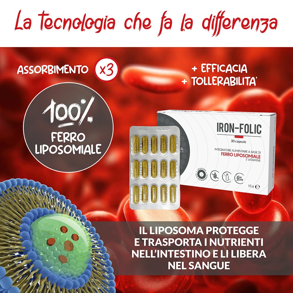 Iron-Folic – Integratore alimentare con Ferro Liposomiale (30 mg/cps.), Acido Folico, Vit. B6 e B12 – Contribuisce alla normale formazione dei globuli rossi e alla riduzione della stanchezza – 30 caps