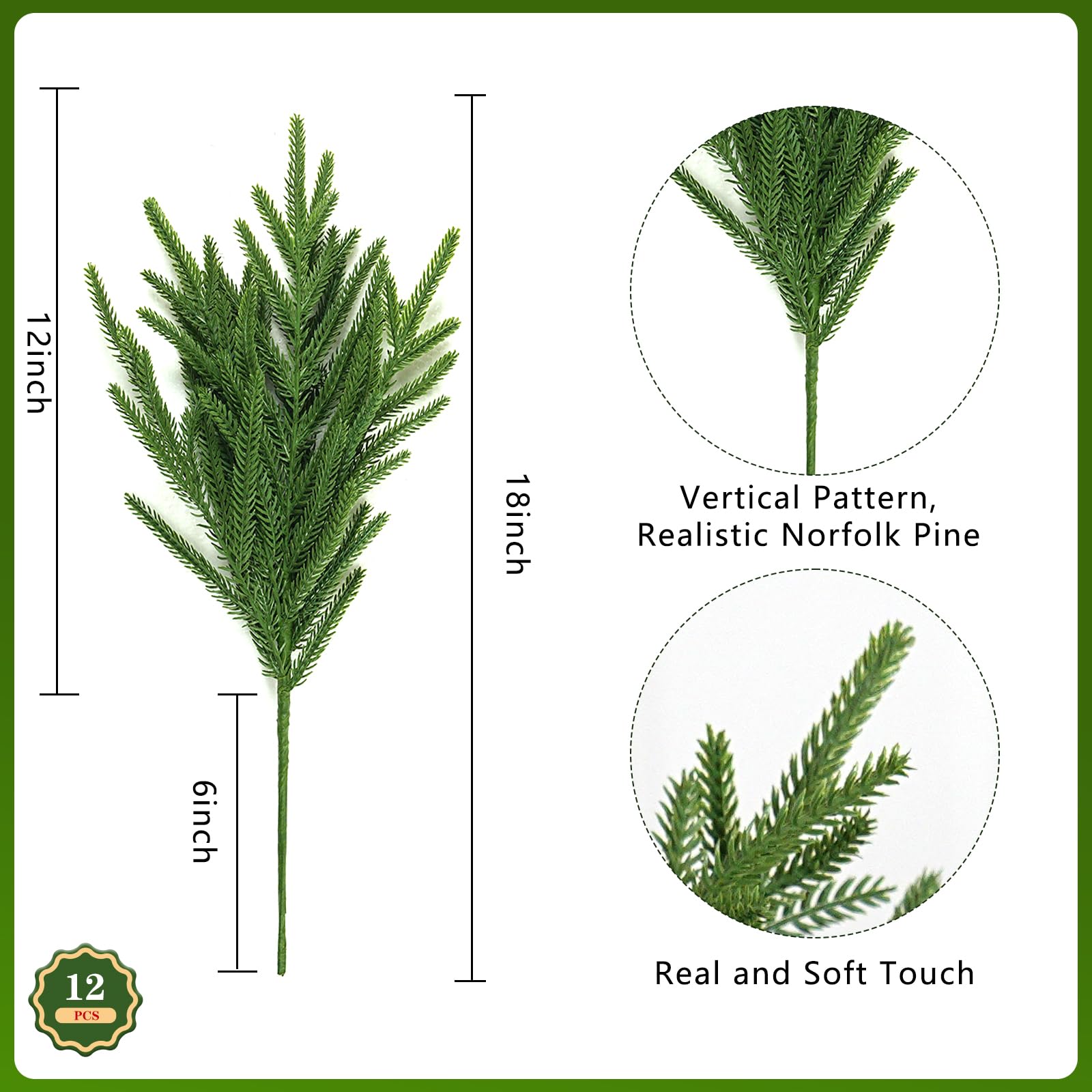 12 Pcs Artificial Norfolk Pine Branches - 18 Inch Faux Greenery Stems For Christmas DIY Decor