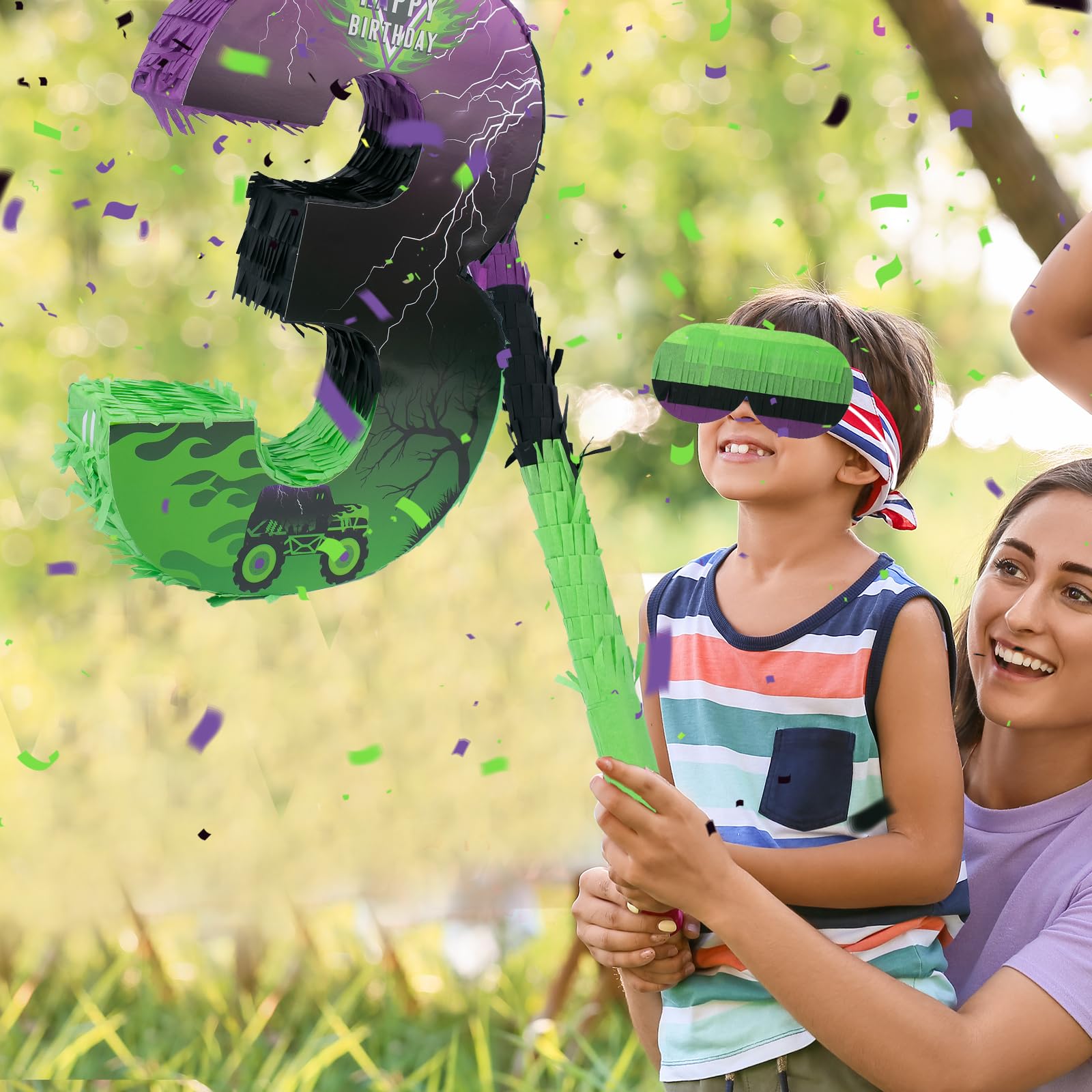Piñata de coche Monster Truck número 3, piñata verde y morada para decoraciones de fiesta de cumpleaños, número 3 4 con palo para vendar los ojos, pequeño camión monstruo, suministros para fiesta de