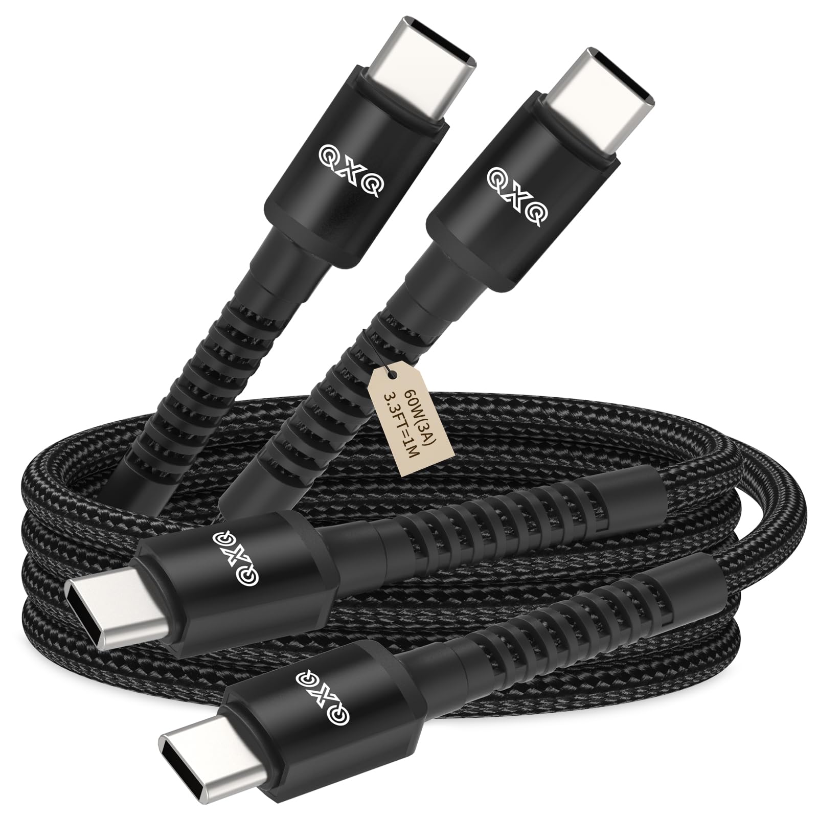 QXQ Cavo USB C 60W PD. 1m Nero, Set 2 Pezzi, Cable Type C Ricarica Rapida per iPhone 17 Pro Max Air/16/15, iPad Pro Air 2024, Galaxy S25/S24/S21 Ultra, Pixel 10/9, Switch PS5