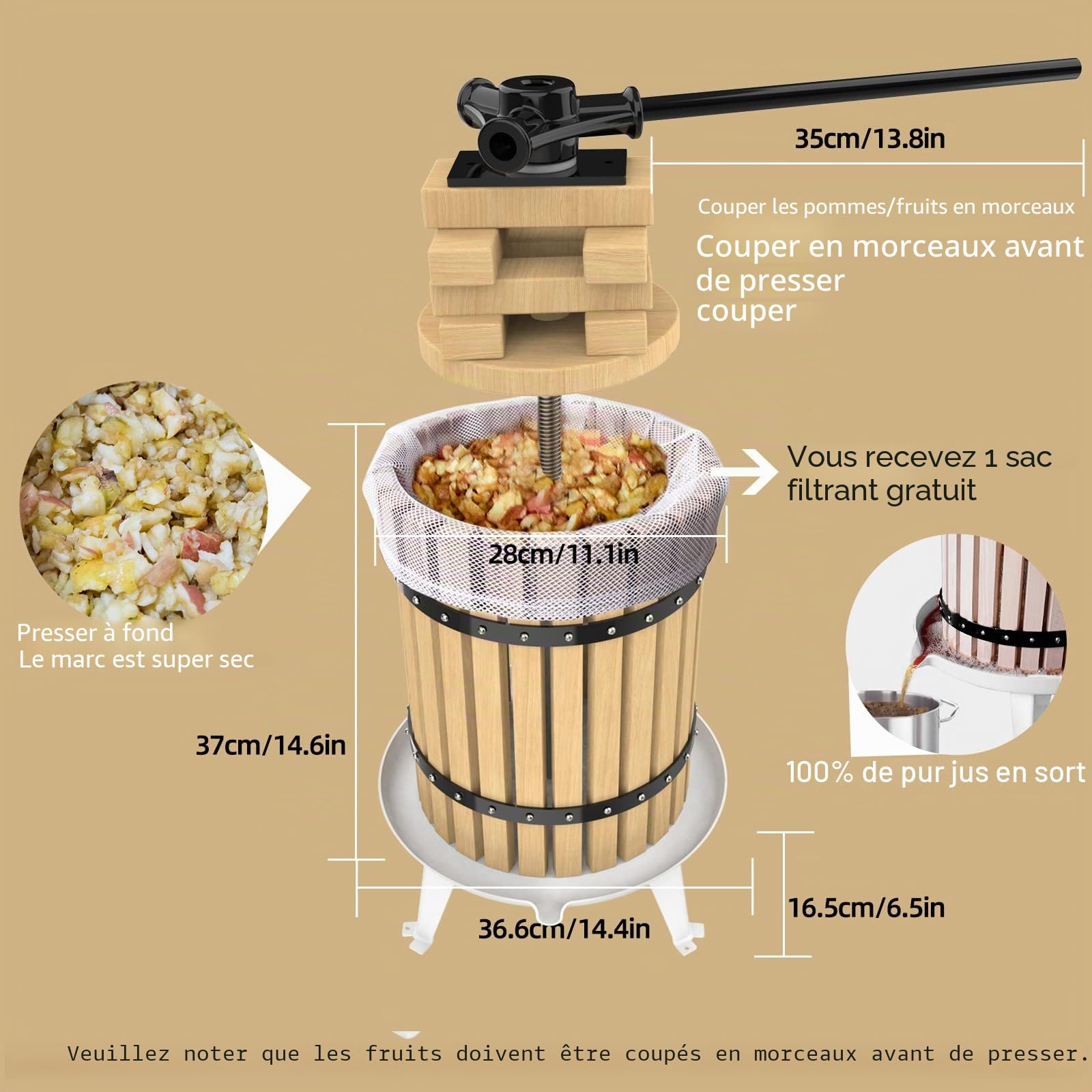SQUEEZE master Presse à fruits, 18 l, avec panier en bois pour faire maison, jus naturel, raisin, baie, pomme, avec filet de pressage gratuit
